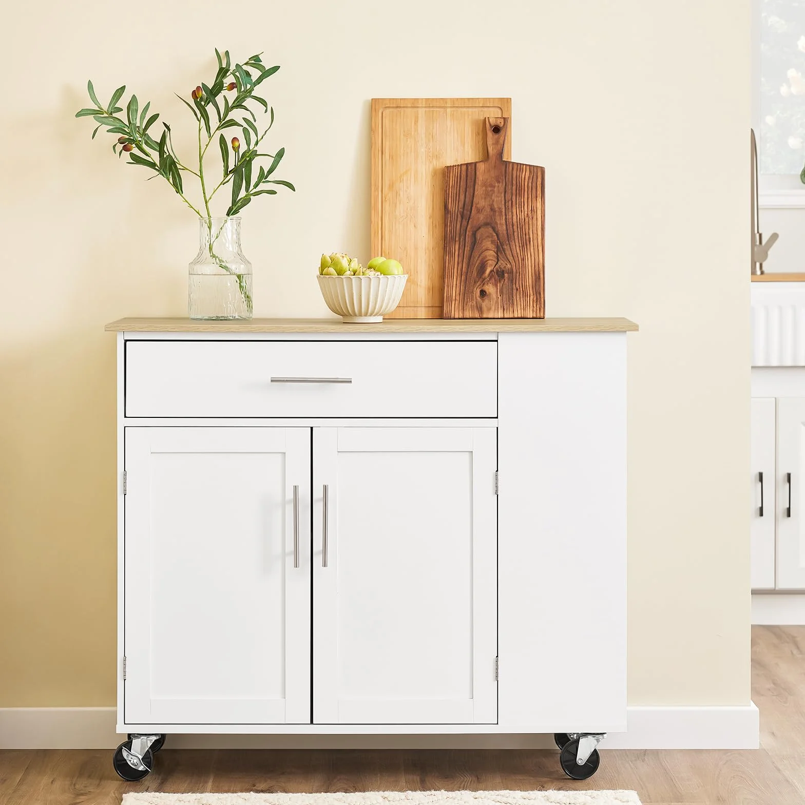 SoBuy Mueble Auxiliar de Cocina con Ruedas y Encimera – Carrito Auxiliar con Cajón y Estante Ajustable – Isla de Cocina con Ruedas, Mueble Cocina Auxiliar Blanco 99x40x85 cm FKW133-WN