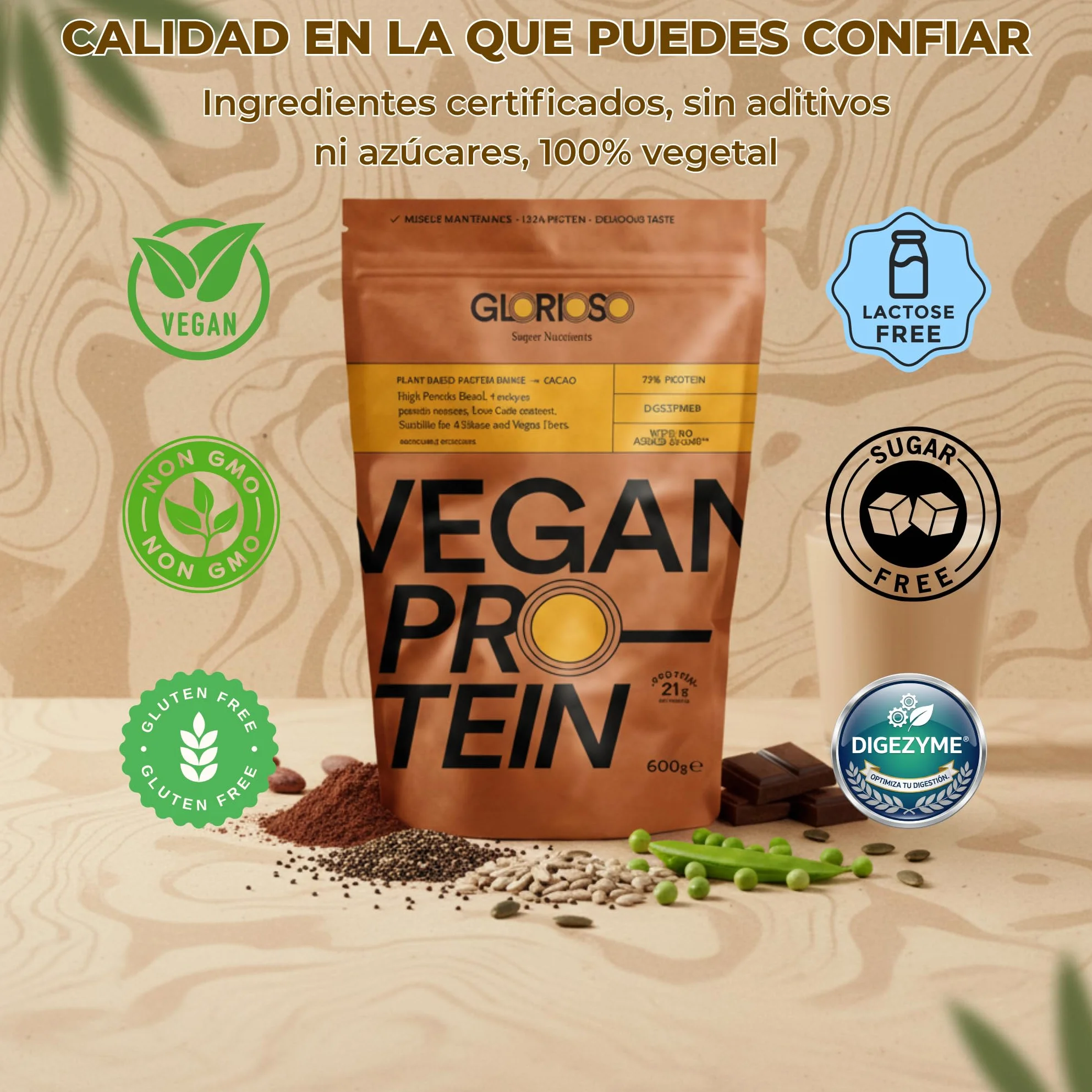 GLORIOSO Proteína Vegana Sin Azúcar Ni Lactosa Sin Gluten DigeZyme® Bajo en Carbohidratos Vegan Protein Powder Chocolate 600g