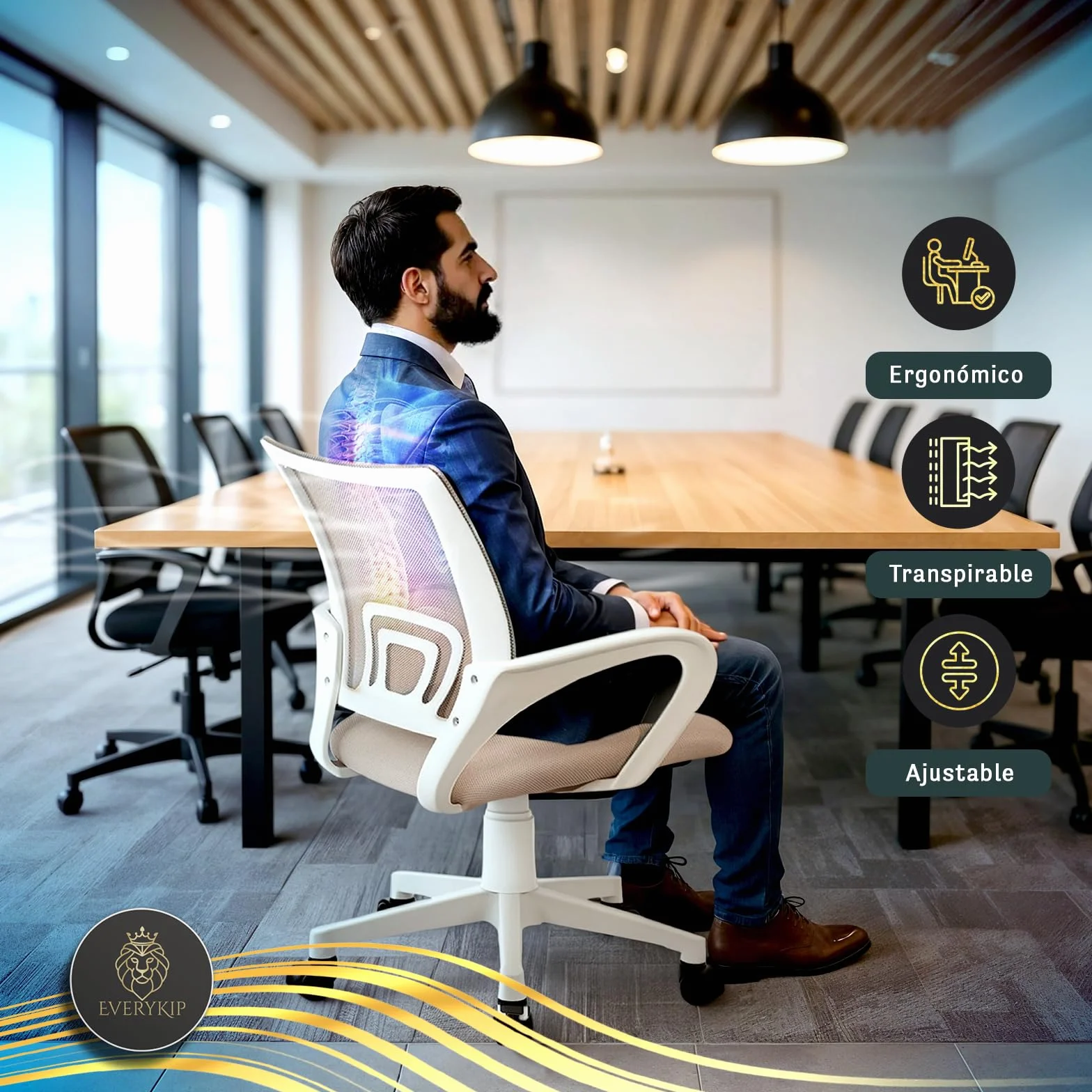 EveryKip Original® Silla Escritorio Ergonomica Ajustable con Apoyo Lumbar| Ruedas Anti-Arañazos 360° | Sillas Oficina Ejecutiva Transpirable | Office Chair (Beige)