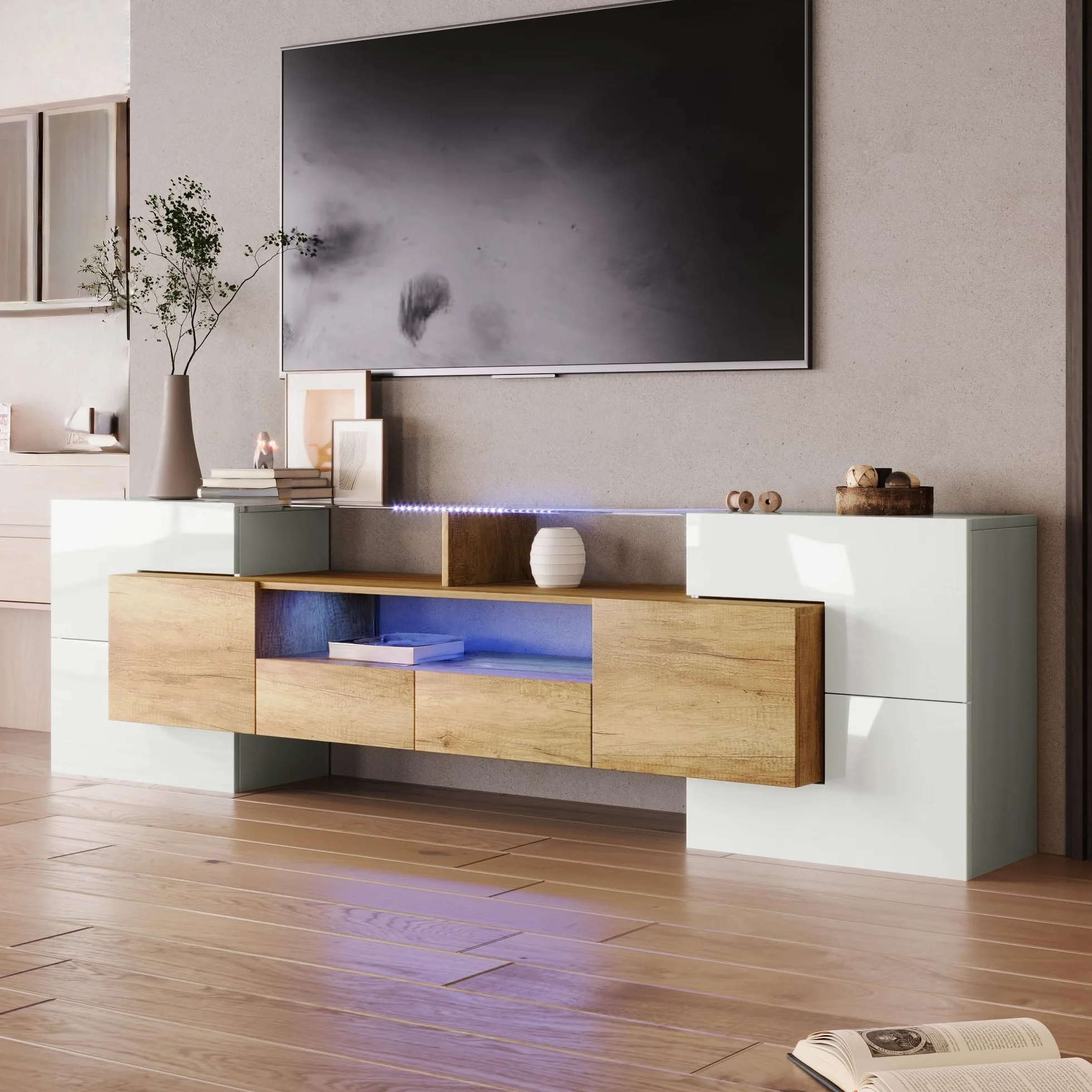 LAKFEW Mueble TV 200cm de hasta 85 Pulgadas con Iluminación LED y Almacenaje, Mueble TV Salon con 6 Puertas y 2 Cajones, Muebles TV con 3 Compartimentos, 200x35x60 cm, Blanco+Color Madera