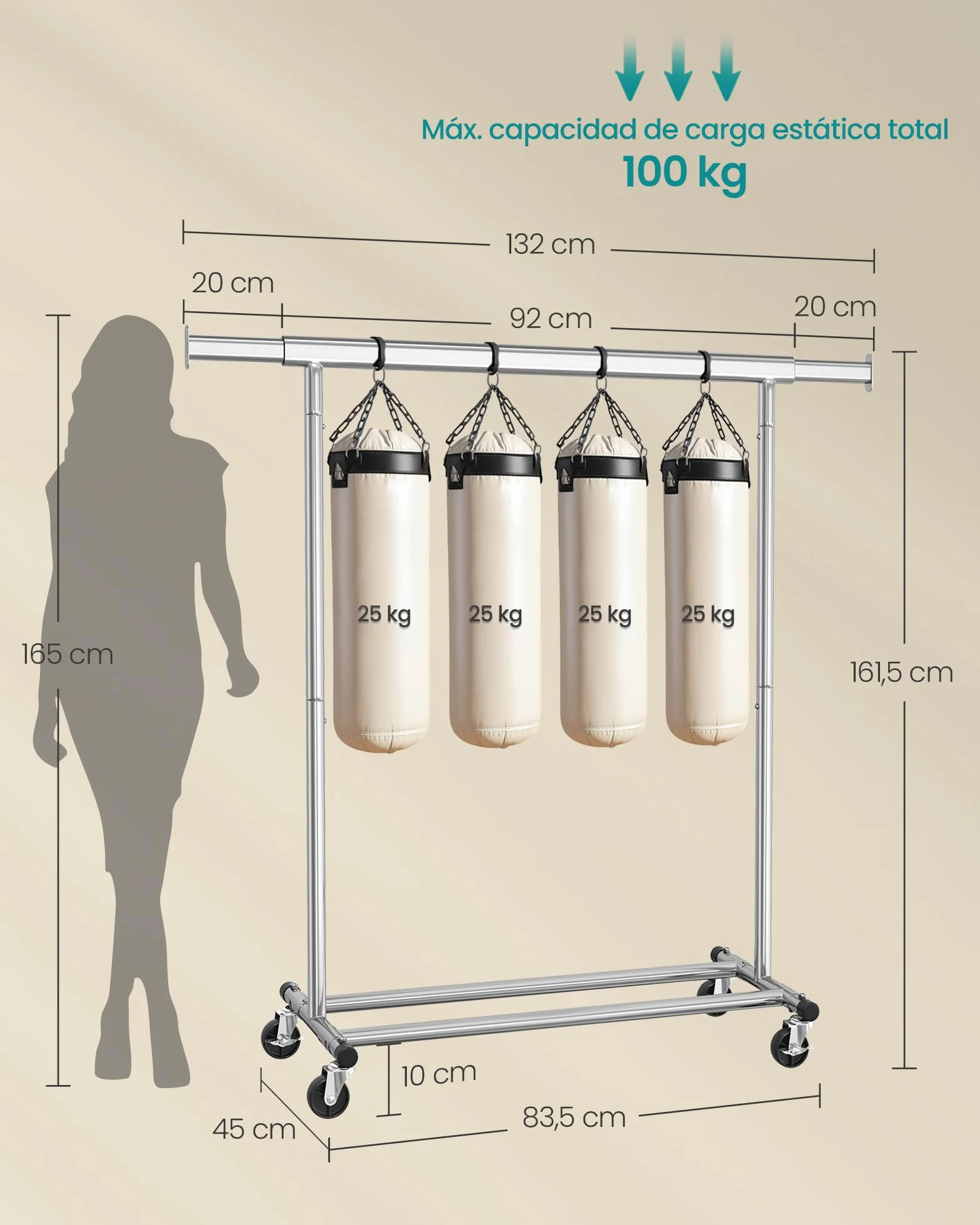 SONGMICS Burro Ropa con Ruedas Extensible 100 kg 45 x 92-132 x 161,5 cm Plata HSR13S