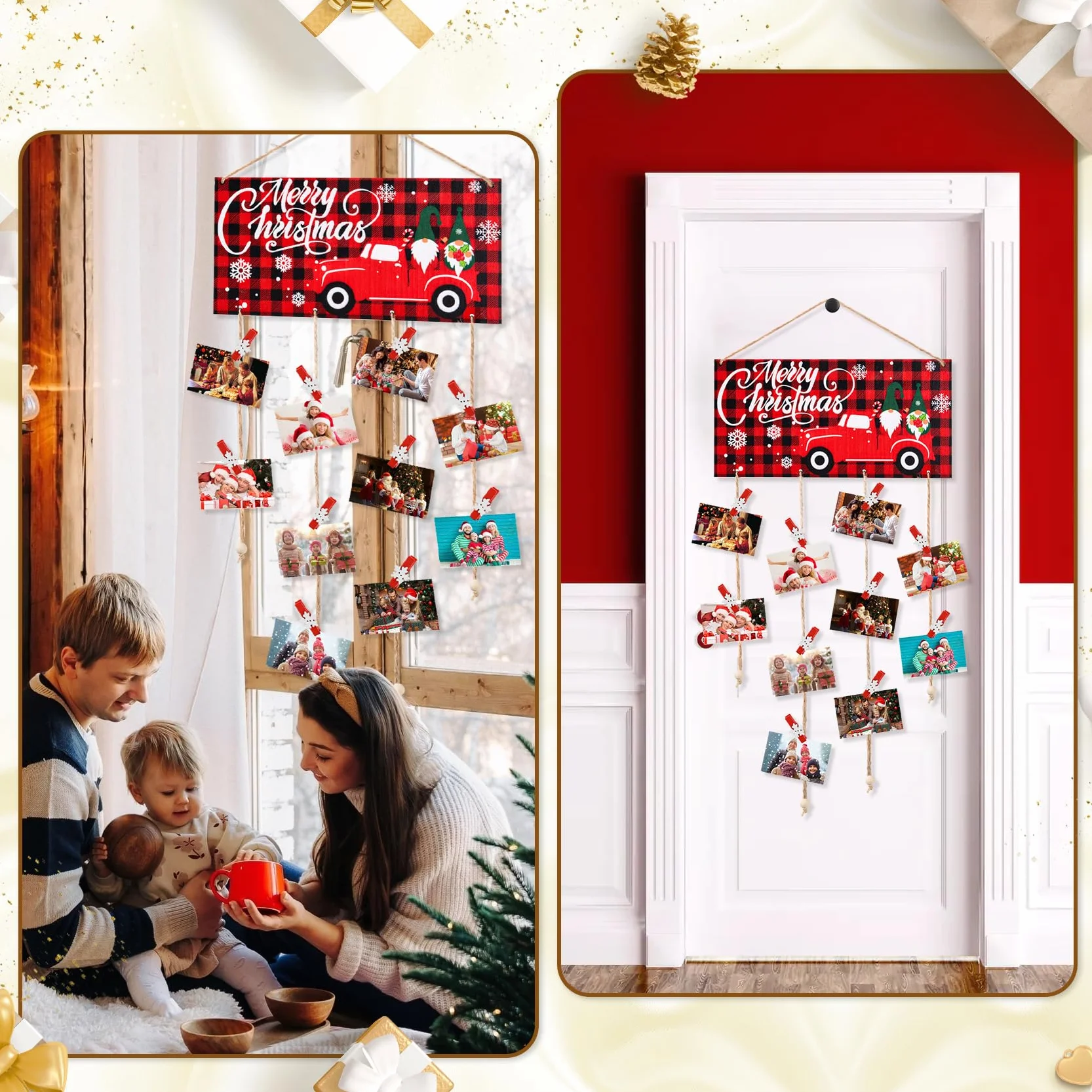 Tarjetero de Navidad de madera para colgar en la pared con 30 clips de fotos de madera de copo de nieve para pared, exhibición de tarjetas de felicitación de Navidad para decoración de pared de fiesta