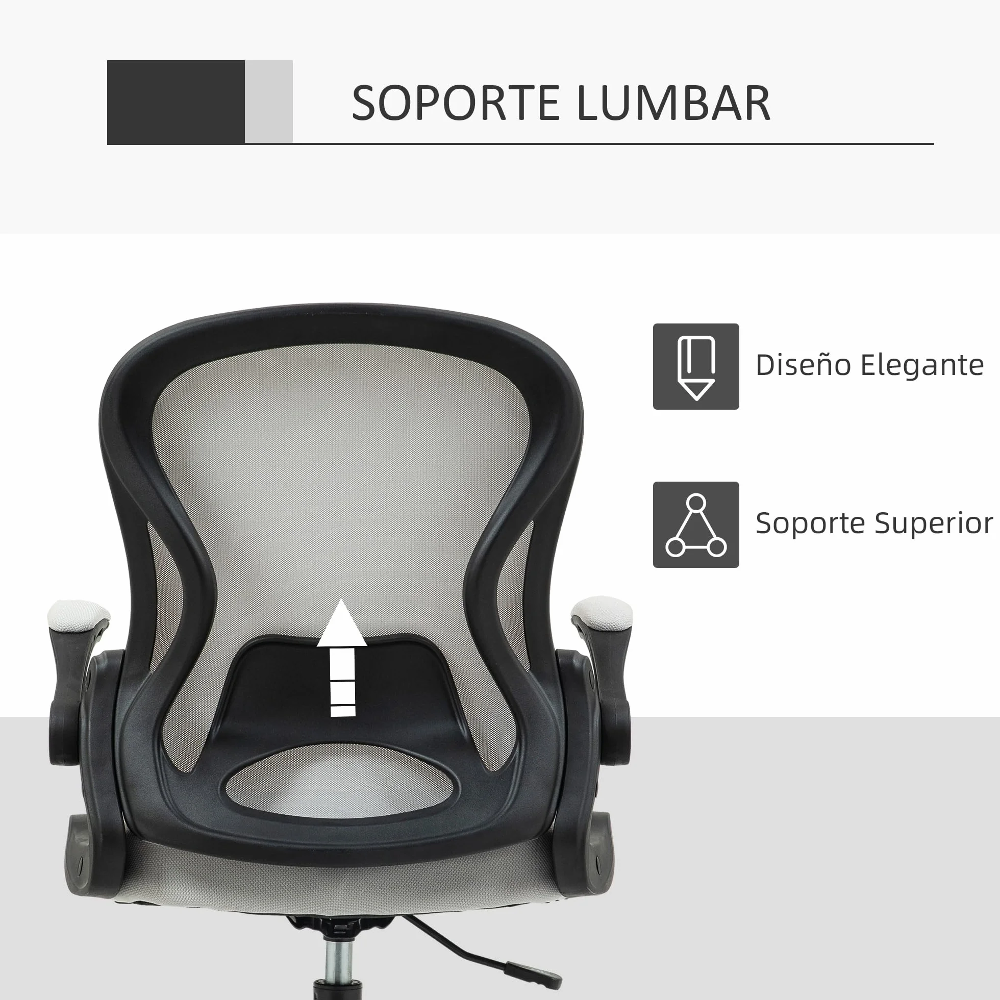 Vinsetto Silla de Dibujo Giratoria Silla de Escritorio Alta con Respaldo Medio Soporte Lumbar Reposabrazos Abatibles Altura Ajustable Carga 120 kg 59x65x102-122 cm Gris Claro