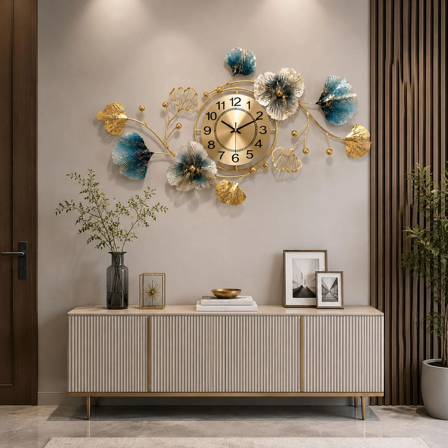 Relojes de Pared Muy Grandes Reloj de Pared Moderno y Elegante | Reloj de pared de metal Hoja de ginkgo de metal decorativo Estilo de diseño Cocinas Salas de Habitaciones Oro,S