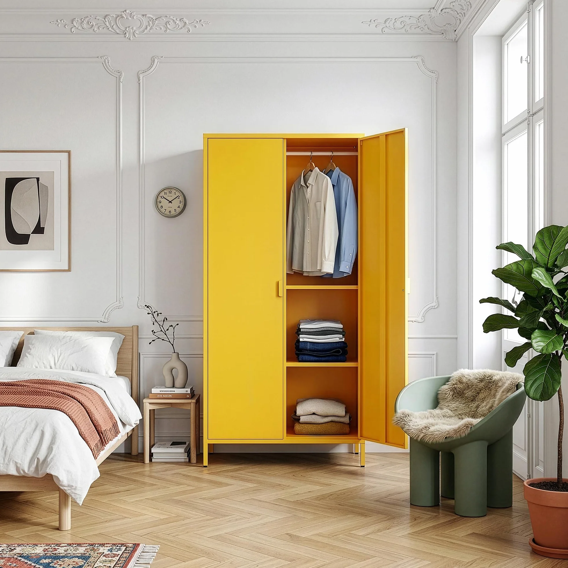 [en.casa] Armario Dormitorio Esteli con 2 Puertas 2 Percheros 4 Estantes Regulables Armario Ropero Clóset para Dormitorio Vestidor Acero 170 x 80 x 45 cm - Amarillo