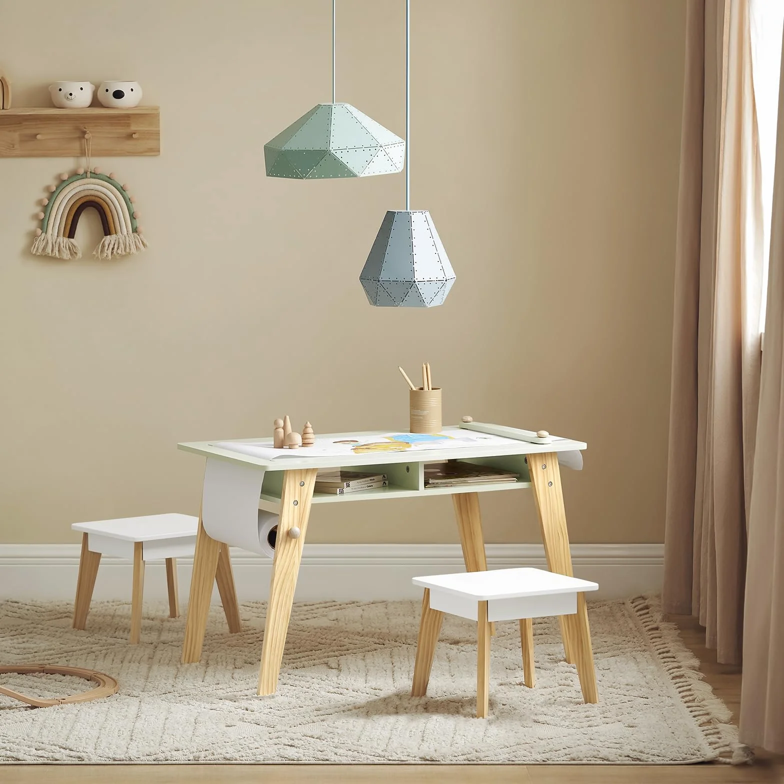 SoBuy KMB92-GR Mesa Infantil con 2 Taburetes Escritorio Infantil Blanco Madera y Verde