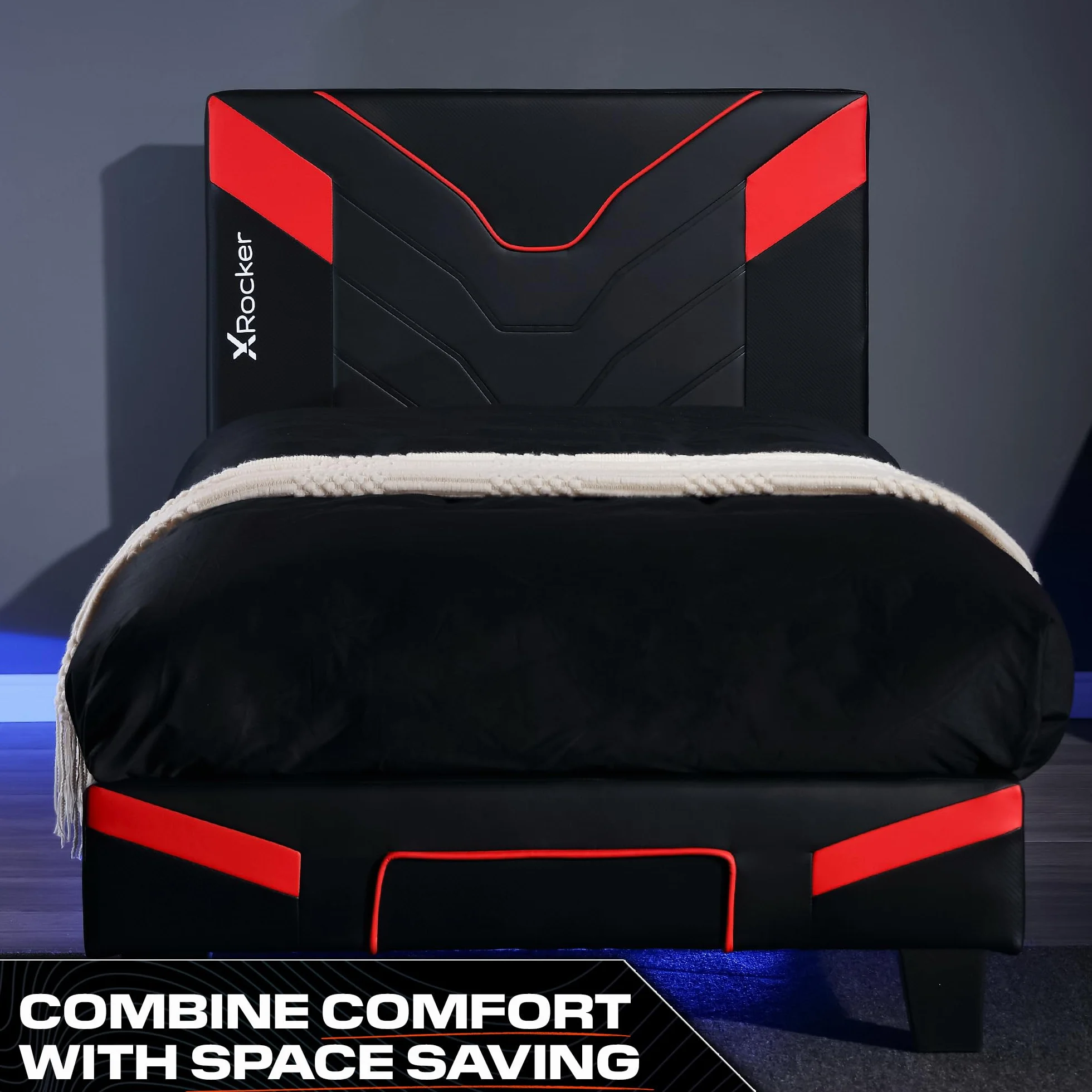 X-Rocker Cerberus MKII - Marco de cama individual tapizado para juegos, paquete plano para un fácil montaje, comodidad transpirable, listones de madera, piel sintética fácil de limpiar, para niños y