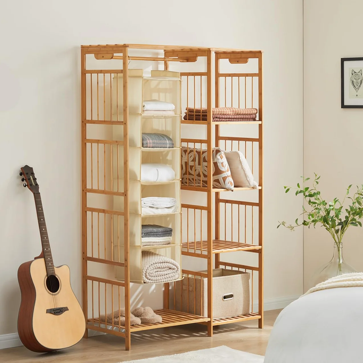 YOUDENOVA Oxford Organizador colgante 6 estantes ganchos metal duraderos armario bambú plegable beige