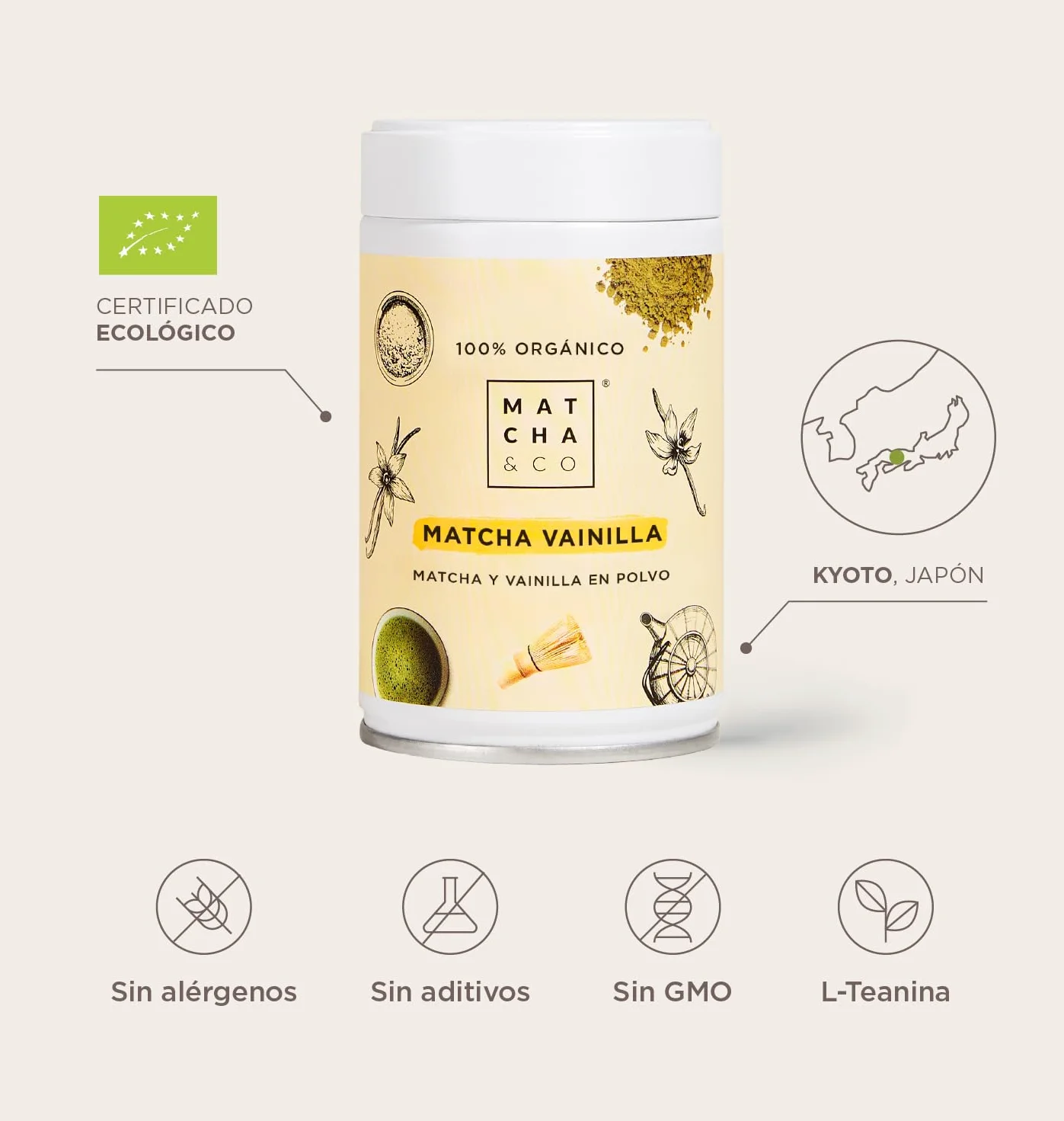 Té Matcha Original con Vainilla 80g | Té Verde en Polvo Japonés Sin Edulcorantes