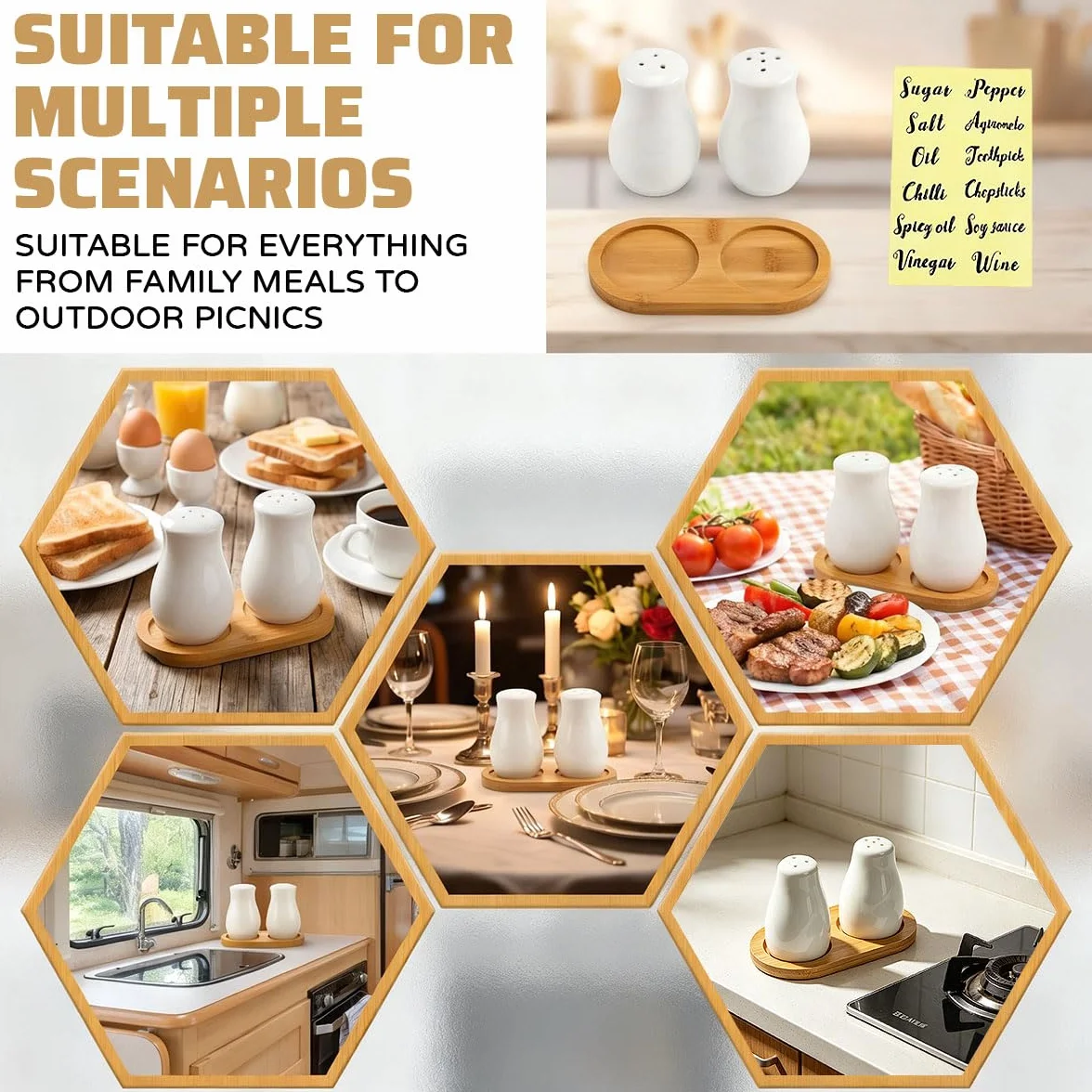 Juego de Salero y Pimentero de Cerámica Blanca 3 y 5 Agujeros Set de Sal y Pimienta Elegante Recipiente para Especias con Bandeja de Bambú y con Etiqueta para Cocina Mesa Picnic Barbacoa Camping, 2uds