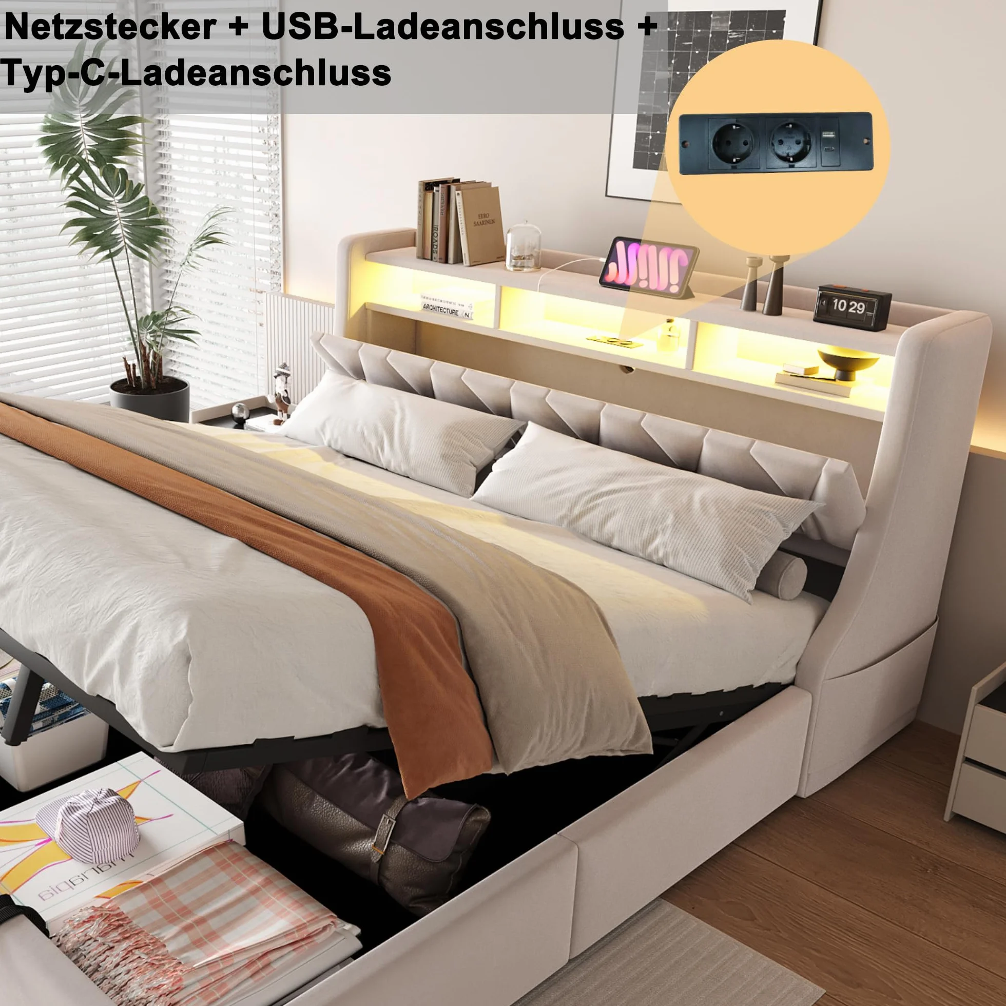 Sapgaks - Cama de 180 x 200 cm, con somier LED y USB, cama doble de 180 x 200 cm, con baúl de almacenamiento y cabeza ajustable, tapizado con láminas, 2 personas marco (sin colchón)