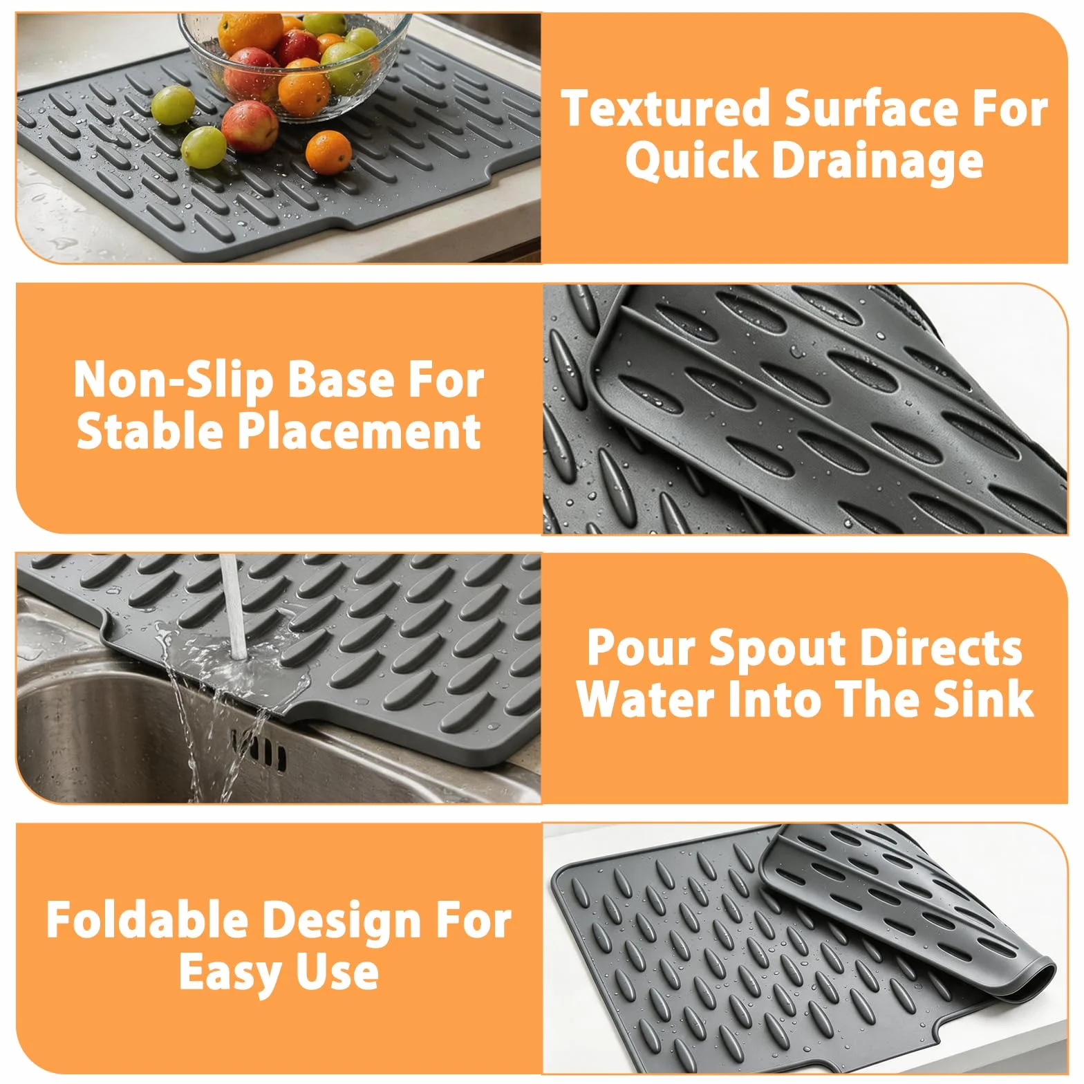 Alfombrilla Escurreplatos de Silicona, Escurridor Plegable con Salida de Drenaje, Antideslizante y Resistente al Calor, para Fregadero, Encimera, Cocina y Baño (Gris)