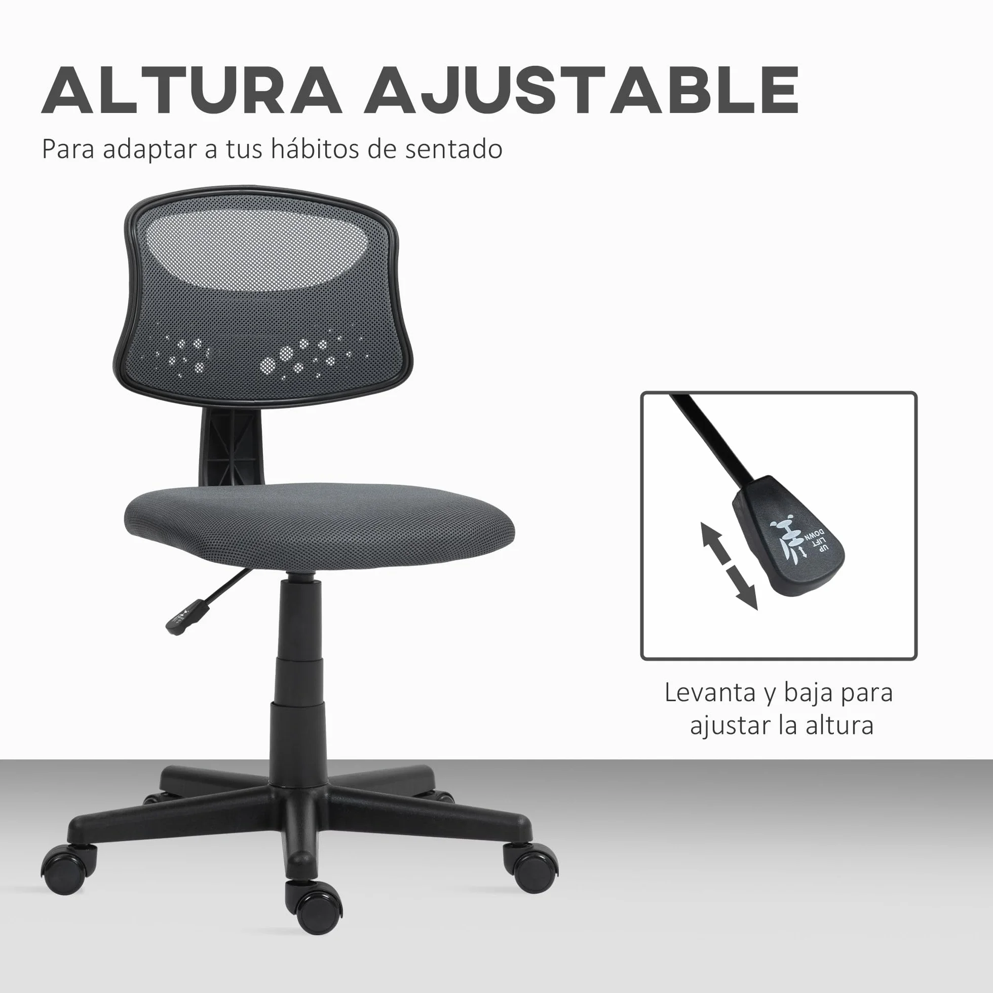 HOMCOM Silla de Oficina Ergonómica sin Brazos Giratoria Respaldo Malla Transpirable Altura Ajustable 120 kg Gris