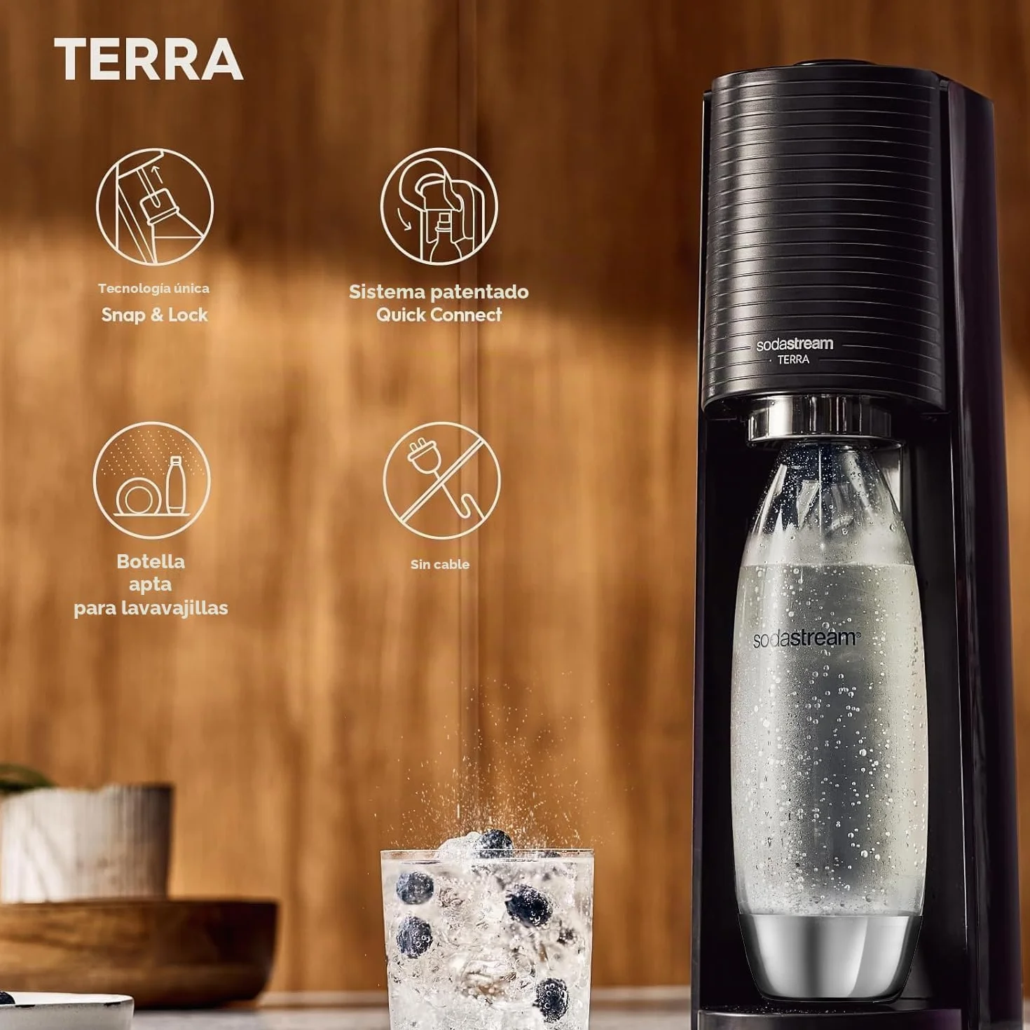 SodaStream TERRA Máquina de agua con gas acero inoxidable 1 L negra + recarga de gas 60 L