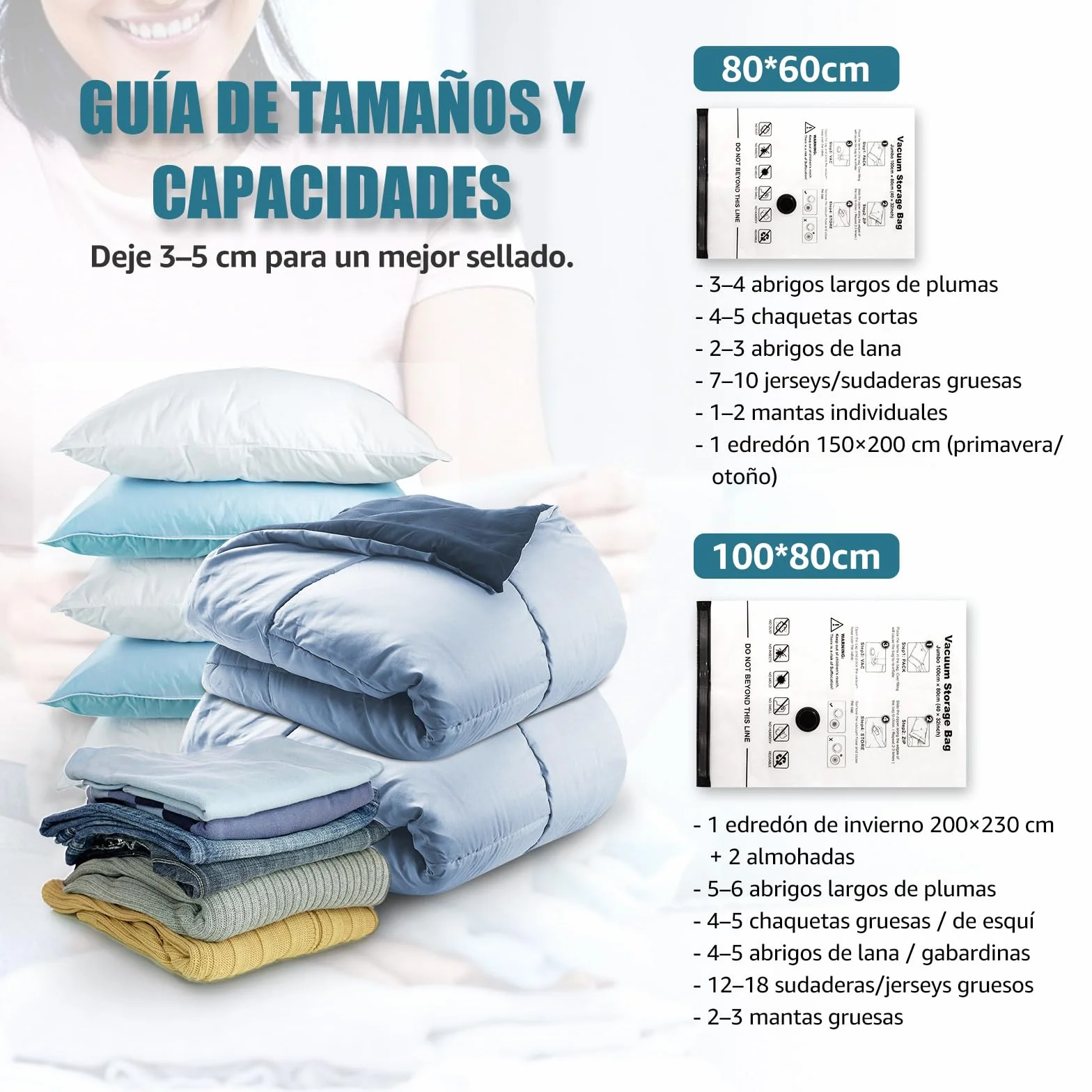 Bolsas de Almacenamiento al Vacío Accenter 5 Piezas 3XL 100x80cm 80x60cm Ahorra Espacio