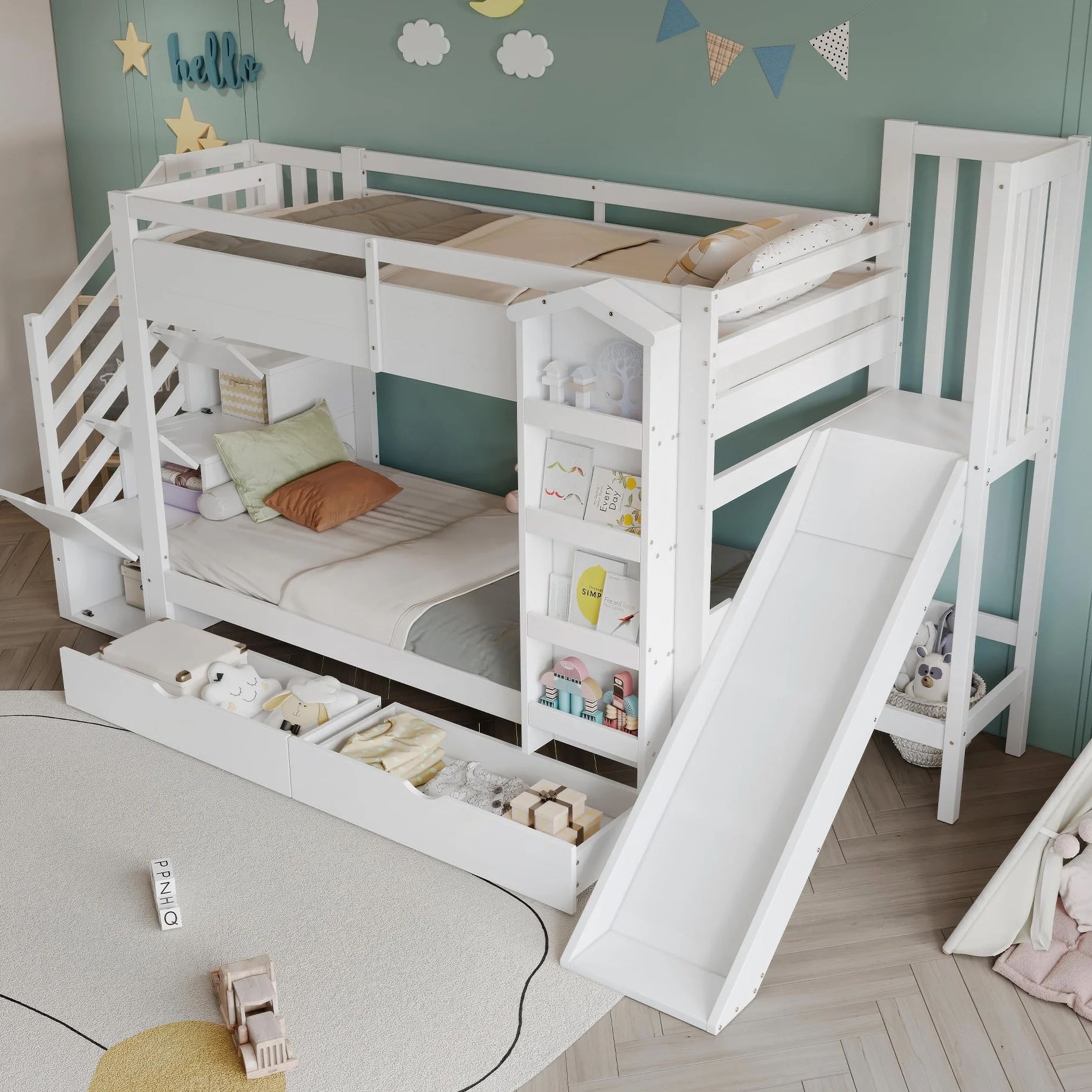 Litera, cuna, con estante para libros, dos cajones con ruedas y tobogán infantil, armario de almacenamiento para escaleras, pino + MDF + madera contrachapada, blanco, 90 x 200 cm