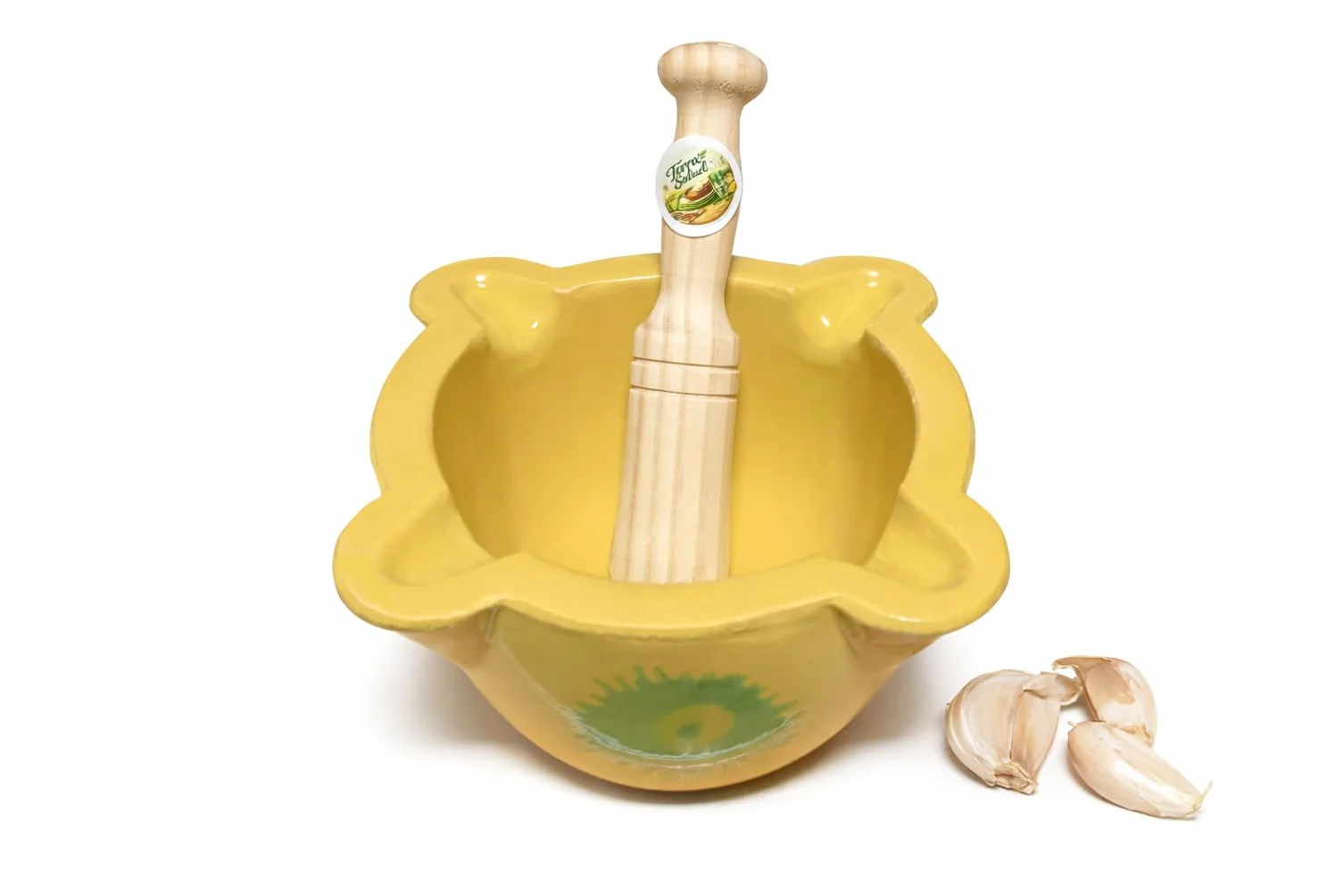 Gran Mortero Rústico de Cerámica Amarillo de 16cm con Mano de Madera de16cm, Diseño Tradicional con Decoración Verde.