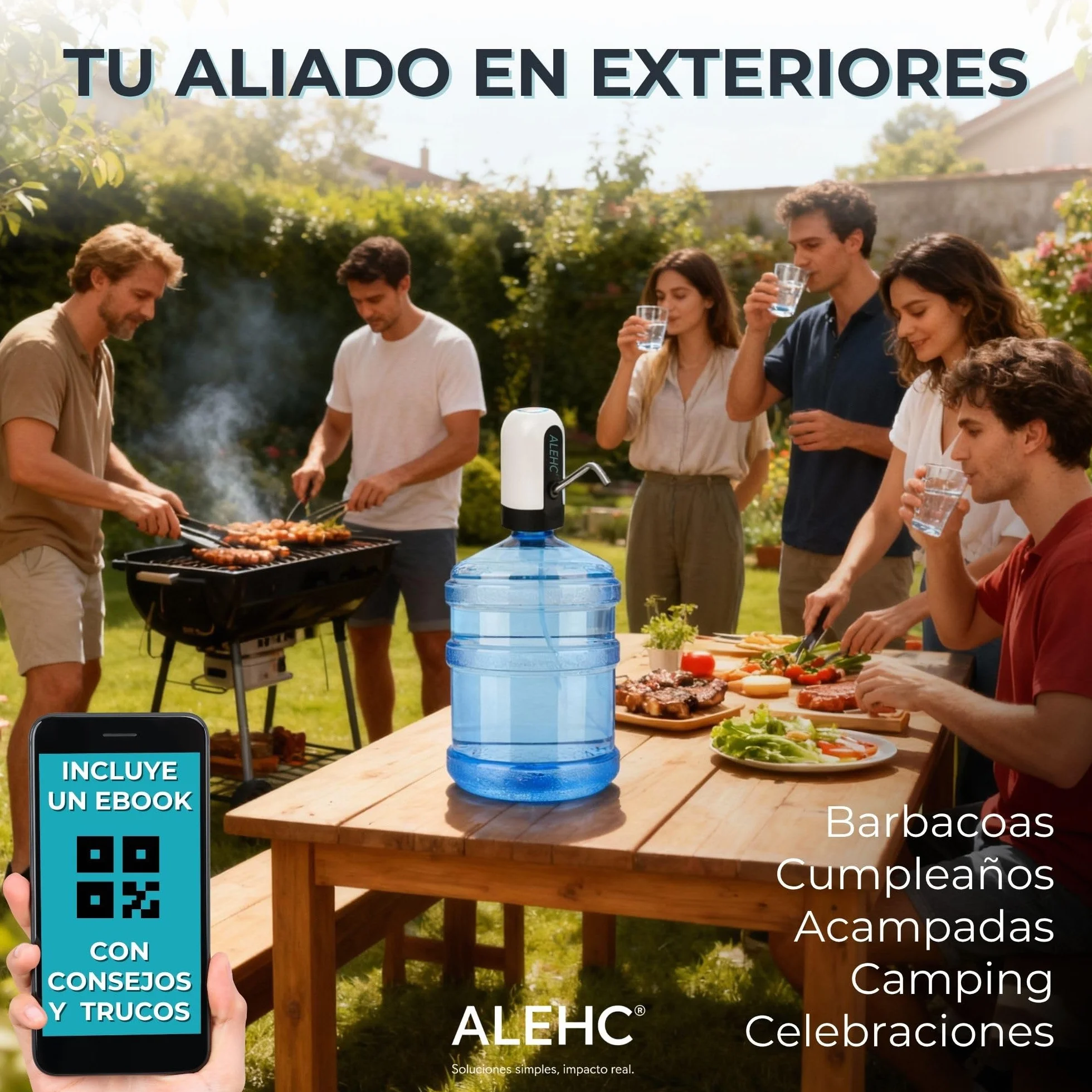ALEHC® Dispensador de Agua Eléctrico para Garrafas - 8-20L – Bomba de Agua Recargable USB-C con Manguera de Silicona Alimentaria y Adaptador – Portátil para Casa, Oficina, Camping – Sin BPA