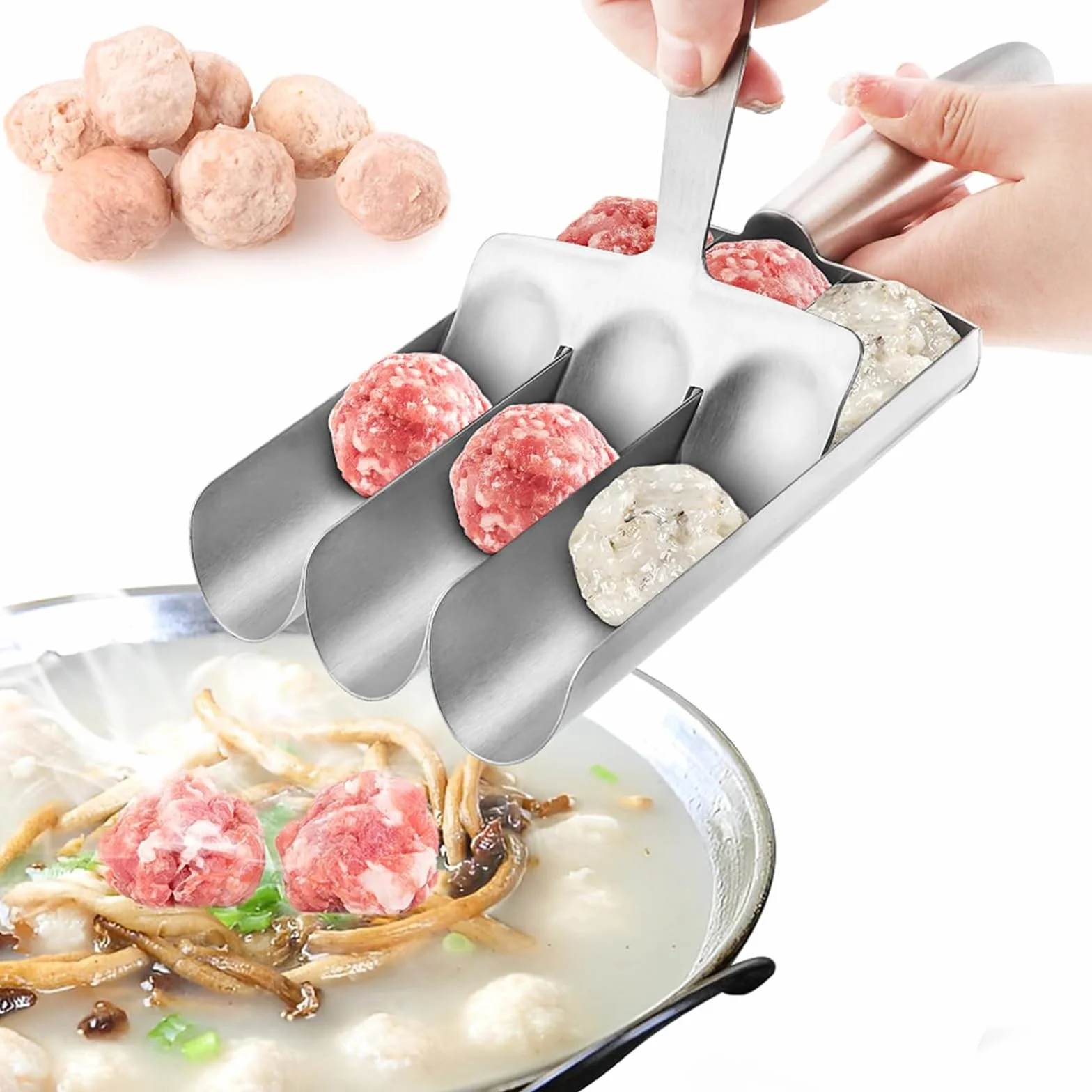 Moldeador de Albóndigas Manual Triple de Acero Inoxidable para Hacer Bolas de Pescado y Camarón