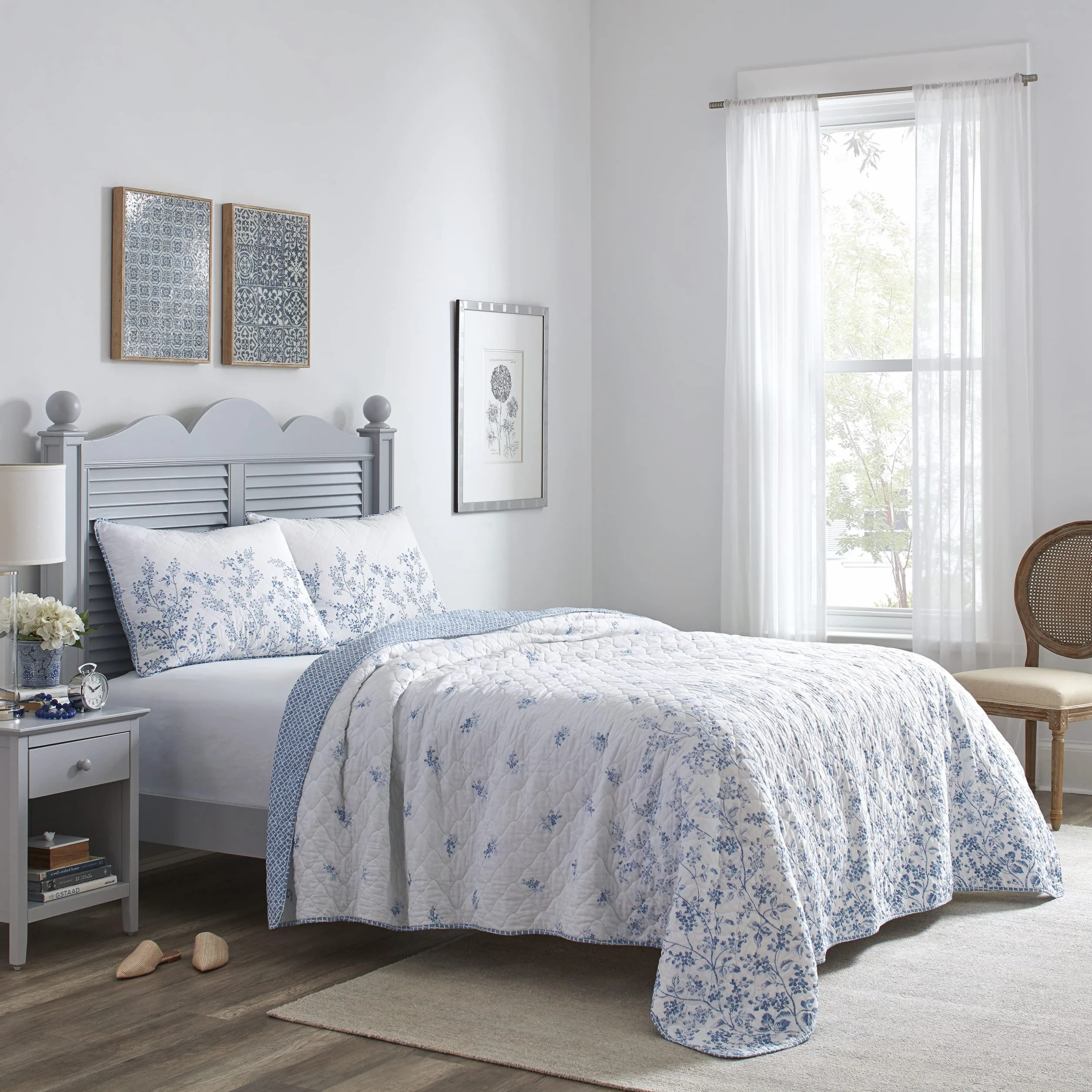 Laura Ashley Juego de edredón, 100% algodón, Azul, tamaño King