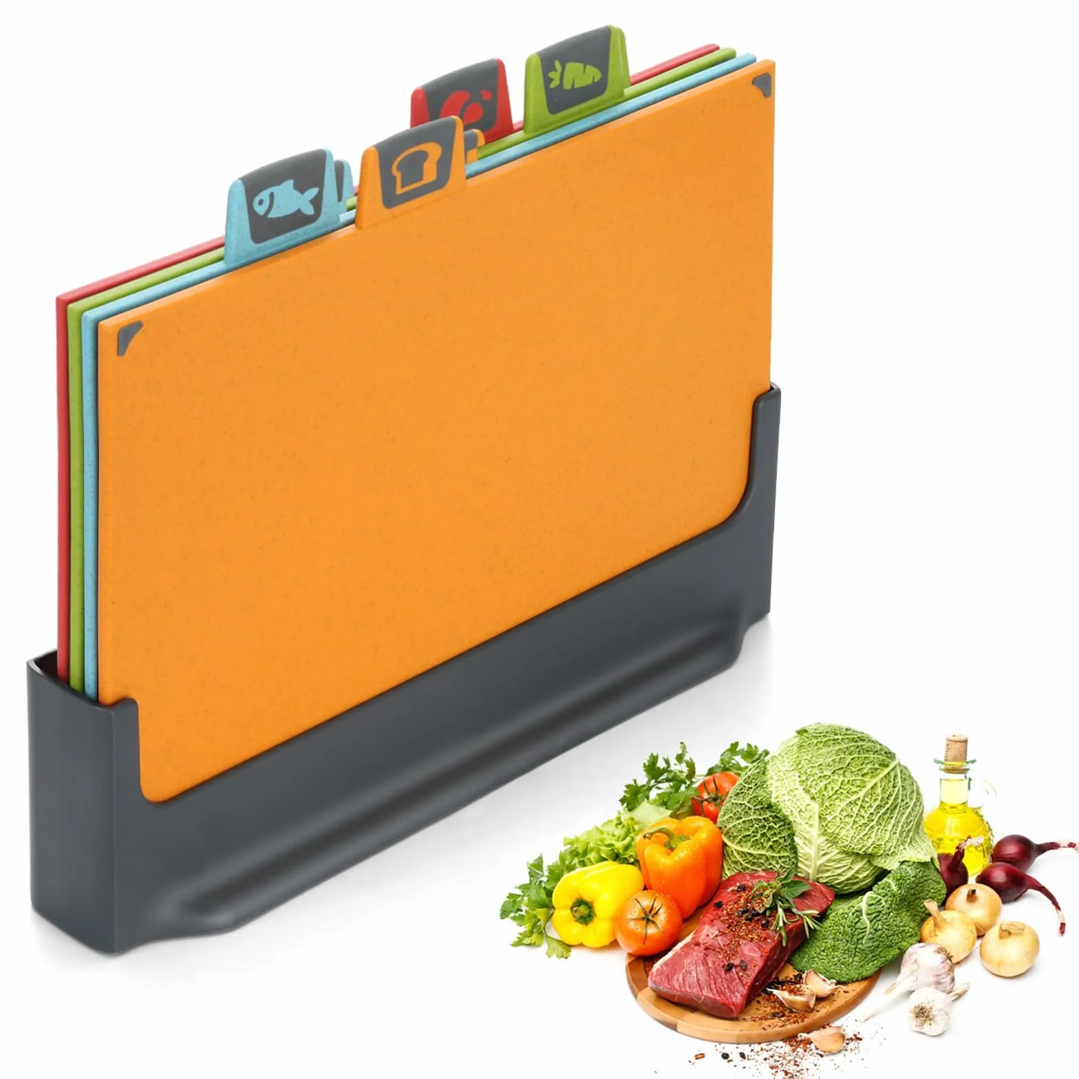 BEWOS Juego 4 Tabla Cortar Cocina Codificadas Color, Paja Trigo, Reversible Con Soporte
