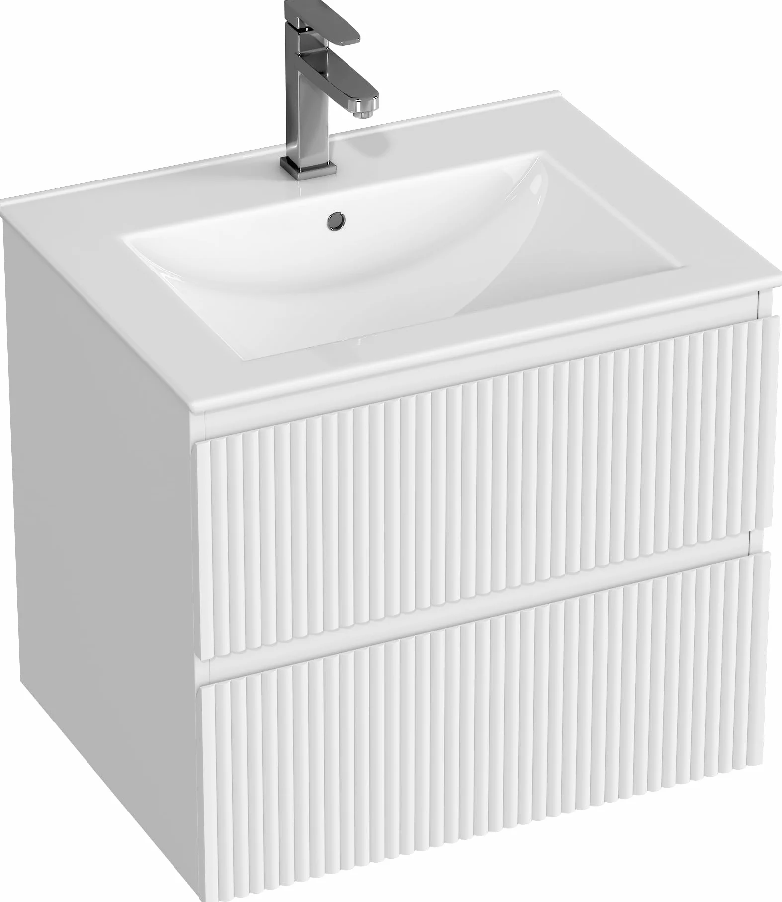 Mueble de Baño Suspendido 60 cm con Lavabo de Cerámica y 2 Cajones Profundos | Panel con Acabado Estriado Vertical, MDF E1 Antihúmedo, Blanco