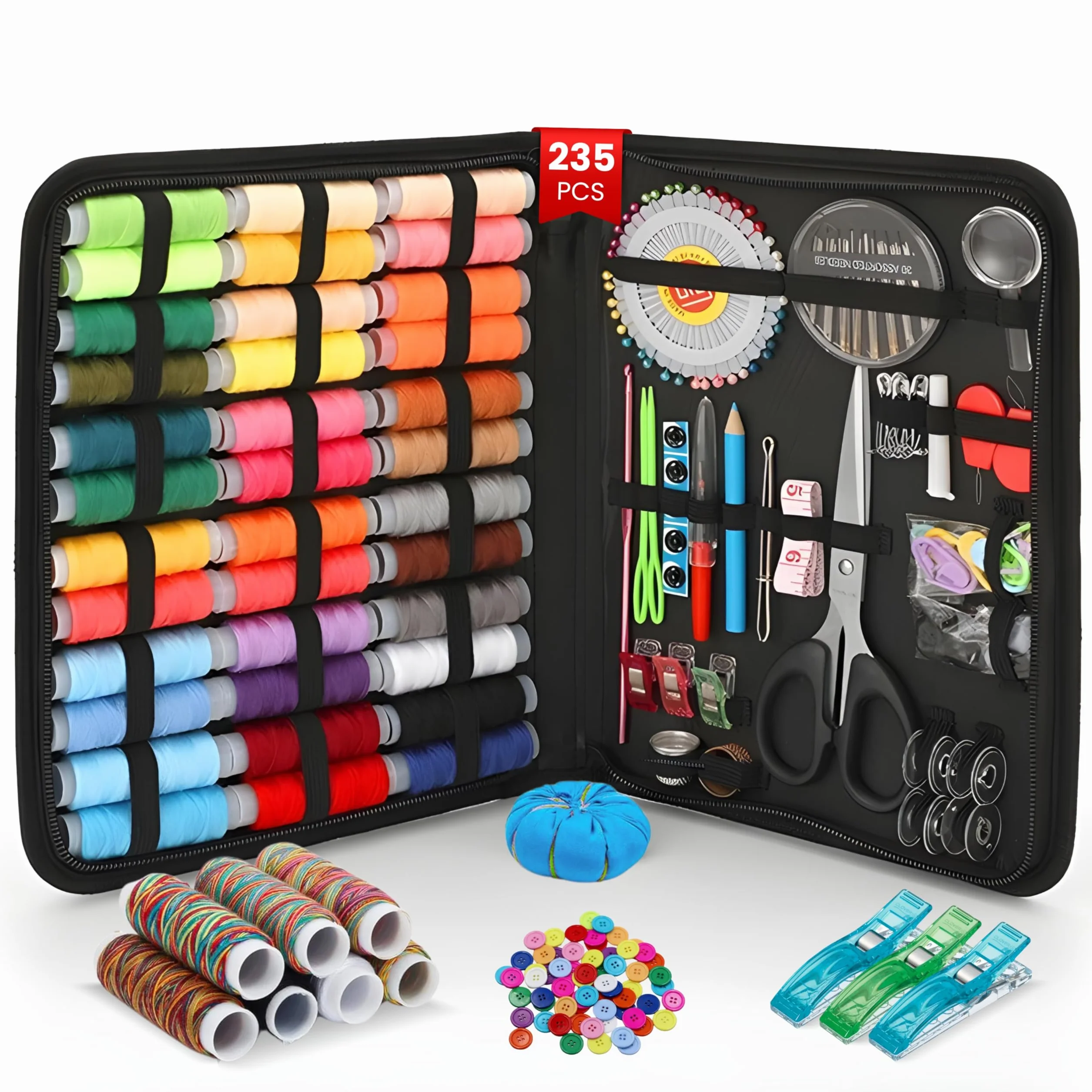 Premium - Kit de costura de 235 piezas para manualidades, suministros para máquinas de bordar, principiantes, caja de agujas de hilo, mini accesorios, herramientas de regalo de mano, organizador