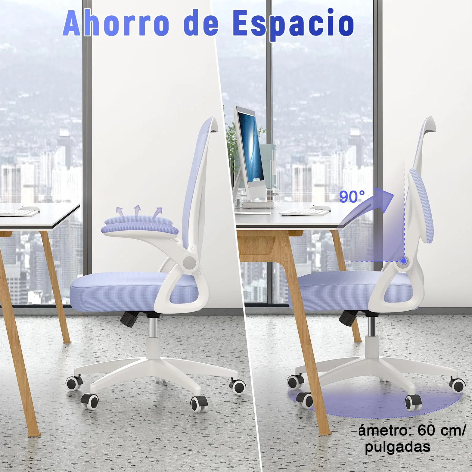 Silla de Oficina Ergonómica, Altura Ajustable, Giratoria, Respaldo Transpirable, Reposabrazos Plegables, Púrpura