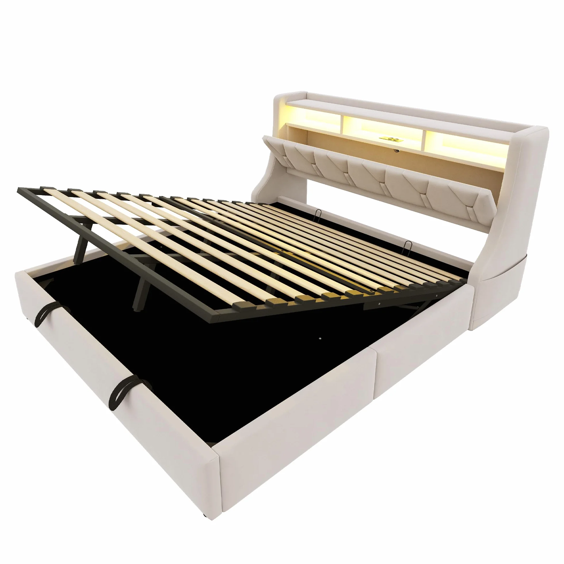 Sapgaks - Cama de 180 x 200 cm, con somier LED y USB, cama doble de 180 x 200 cm, con baúl de almacenamiento y cabeza ajustable, tapizado con láminas, 2 personas marco (sin colchón)