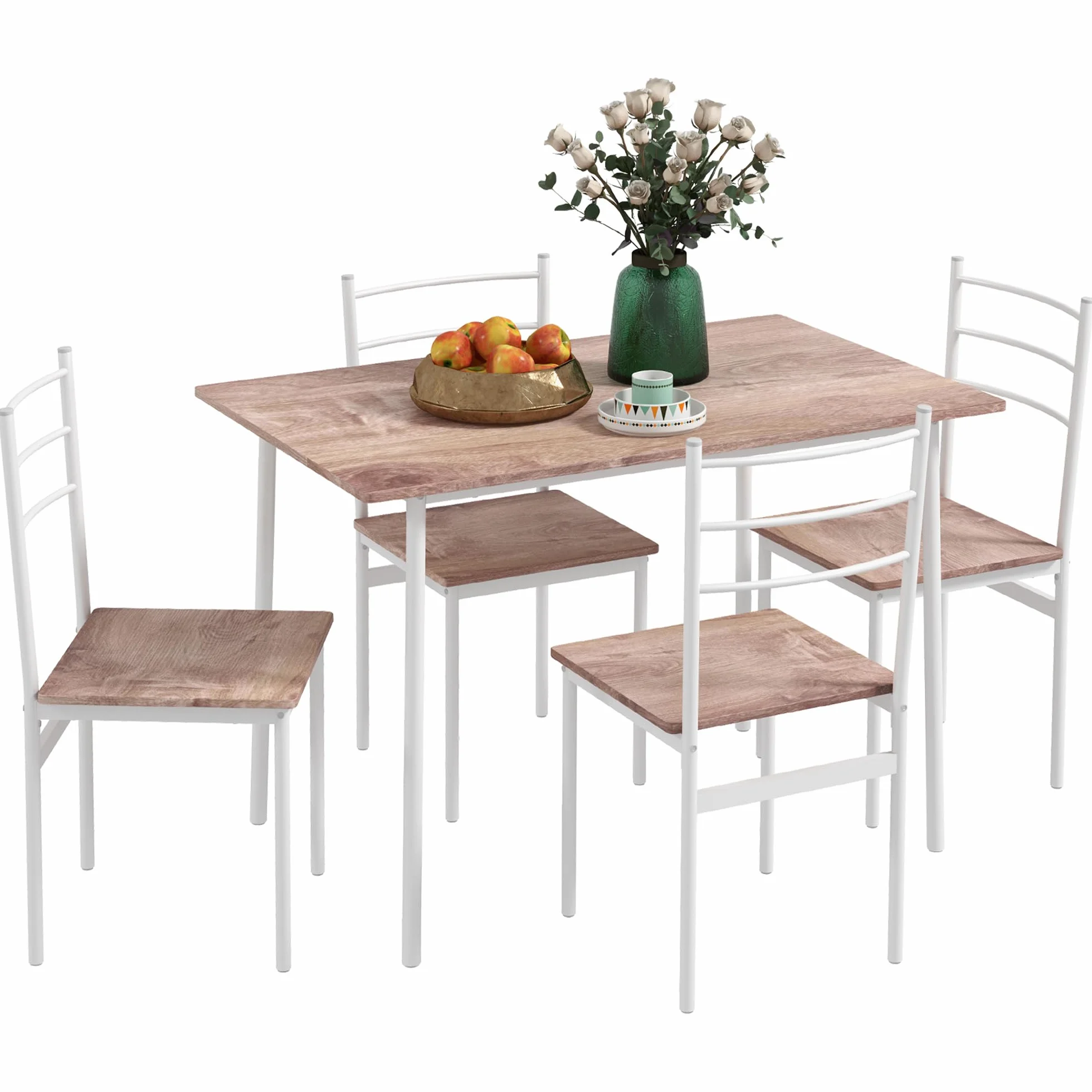 HOMCOM Conjunto de Comedor 5 Piezas Juego de 1 Mesa y 4 Sillas con Pies Acero para Cocina Restaurante 110x70x75 cm Madera Natural y Blanco