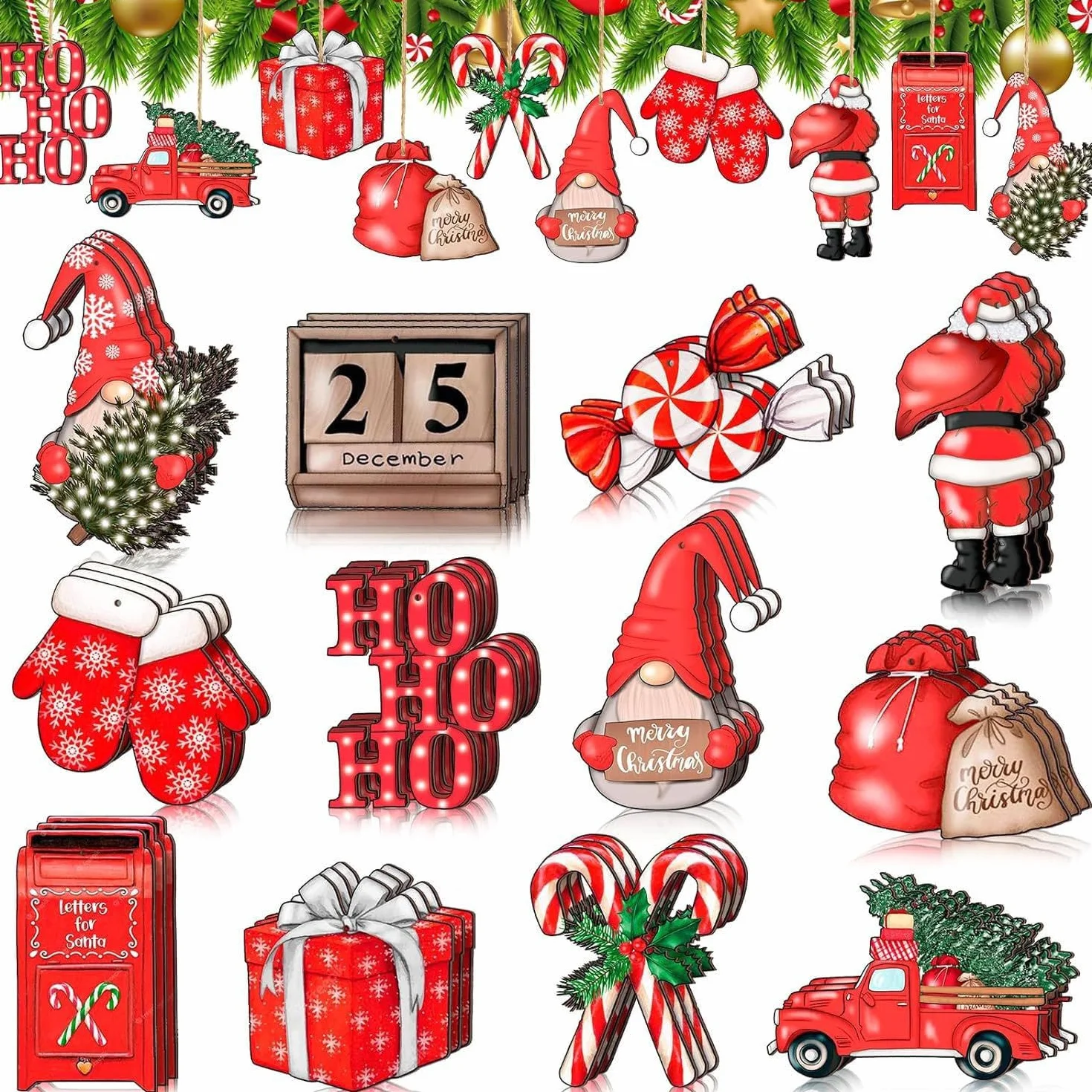 Decoraciones navideñas rojas de madera, adornos para árbol de Navidad con cuerda, etiquetas de regalo