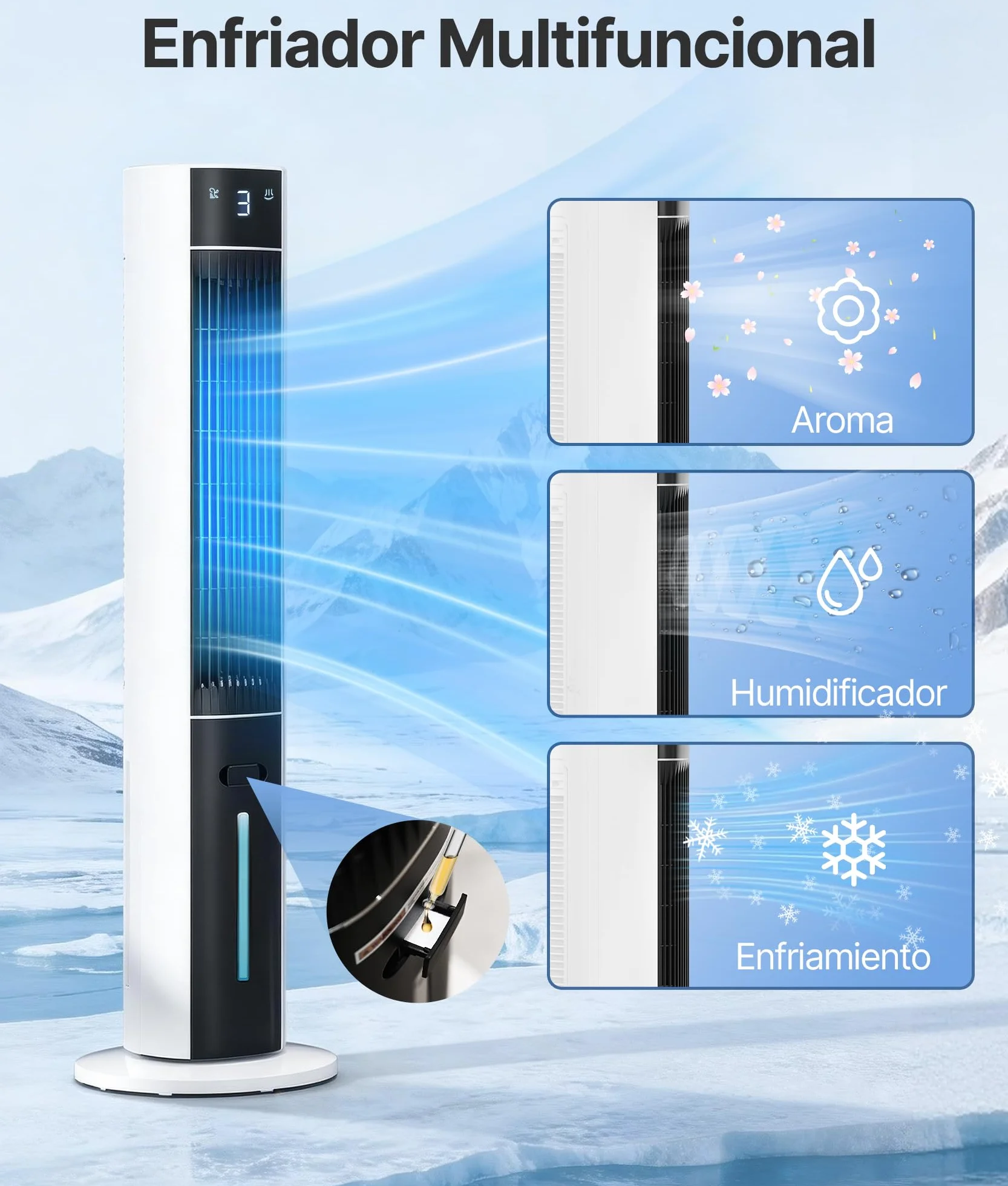 Climatizador Evaporativo Portátil- Alternativa al Aire Acondicionado Portatil Enfriador de Aire Silencioso,3 Modos, Temporizador 12H, Mando, Función Aroma, Blanco