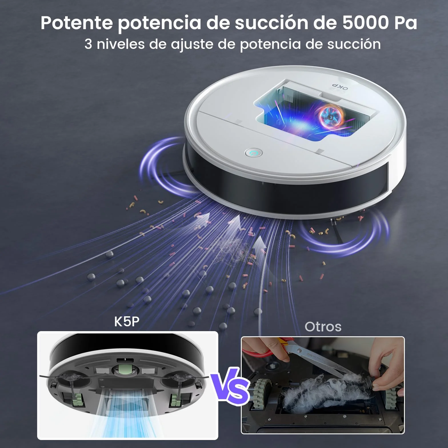 OKP Robot Aspirador y Fregasuelos, 5000pa, 180min, 190° PSD Evitación Precisa Obstáculos, Carga Automática,Aumenta Succión en Alfombra, Robot Aspiradora con 4 Modos de Limpieza, WiFi/App/Alexa
