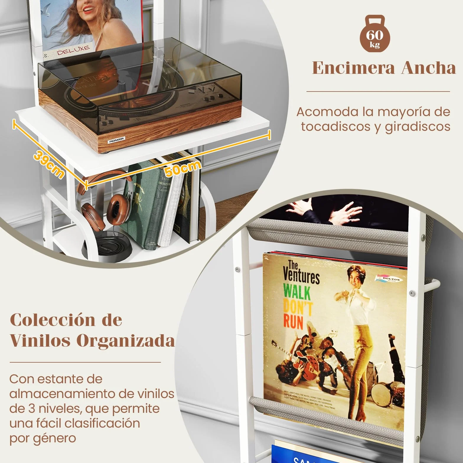 GOPLUS Soporte para Tocadiscos con Almacenamiento de 5 Niveles, Estantería Organizador para Vinilos con Juegos Antivuelco, Soporte para Tocadiscos con 3 Estantes para Discos de Vinilo (Blanco)