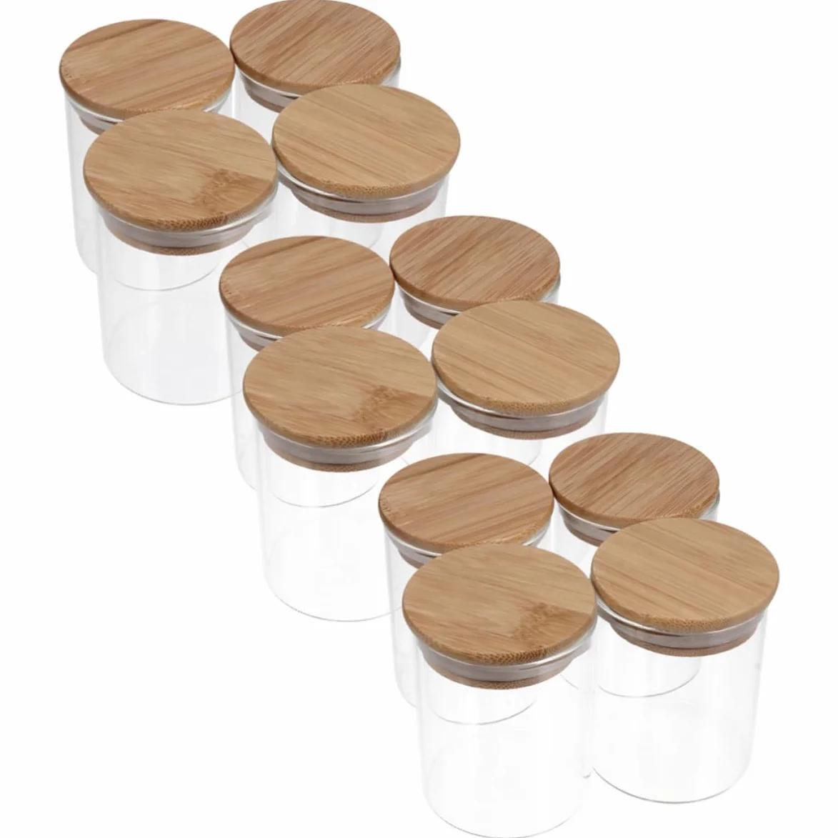 Tarro de Cristal 250ml con Tapa de Bambú, Juego de 12 Unidades | Boca Ancha, Vidrio y Silicona, para Café, Té y Especias, Formato Compacto de Cocina