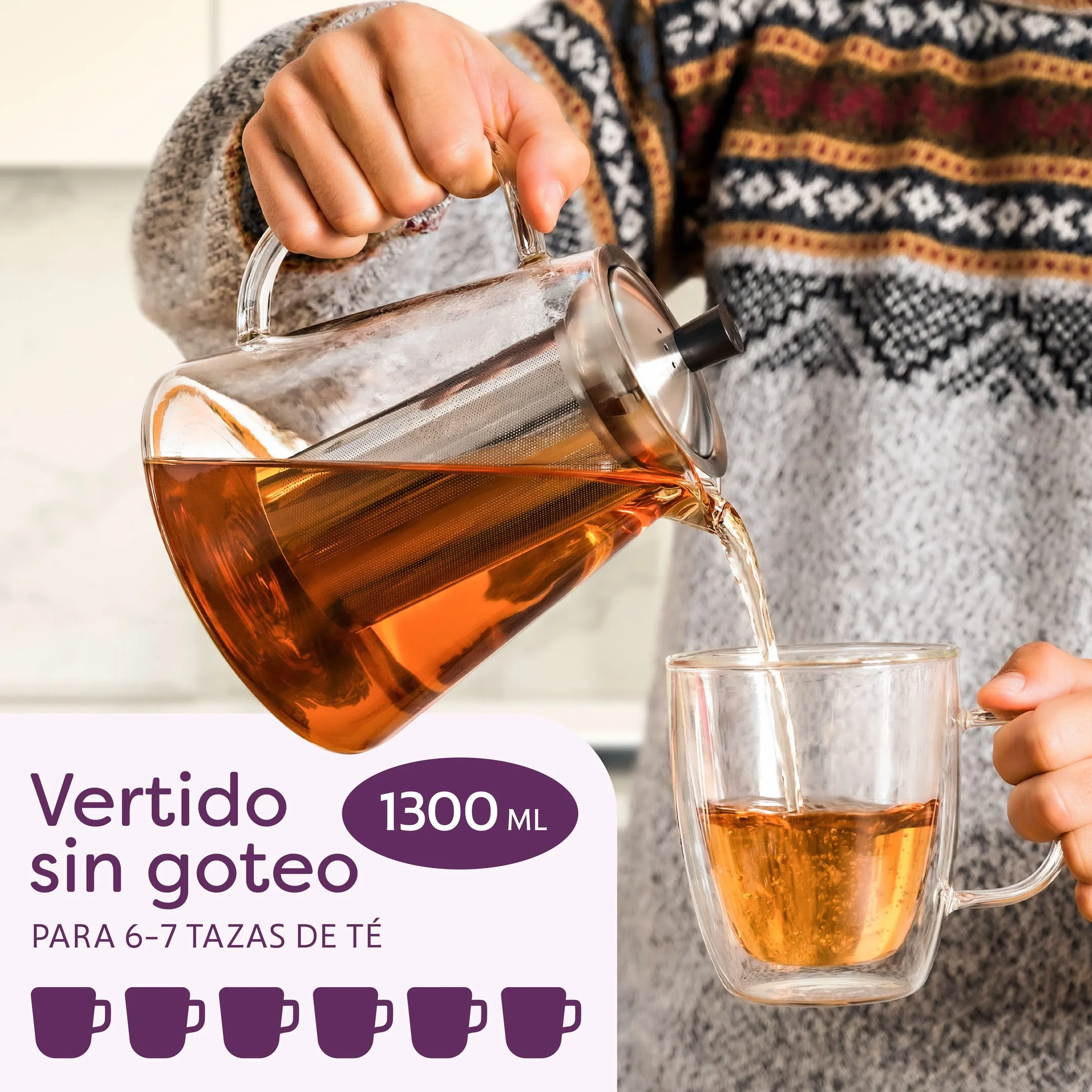 Cosumy Tetera de Cristal con Filtro de Acero Inoxidable - Grande 1,3 L - Con Posavasos de Bambú - Apta para Lavavajillas