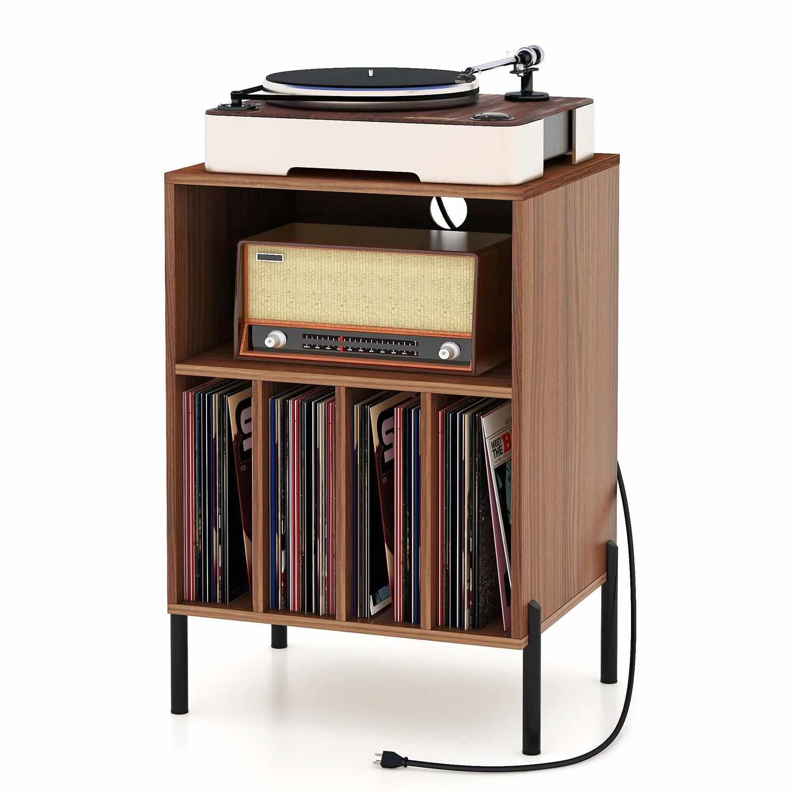 GIANTEX Mesa Auxiliar para Tocadiscos, 53x45x78.5 cm, Mesilla de Noche con Carga, 150 Discos, Marrón