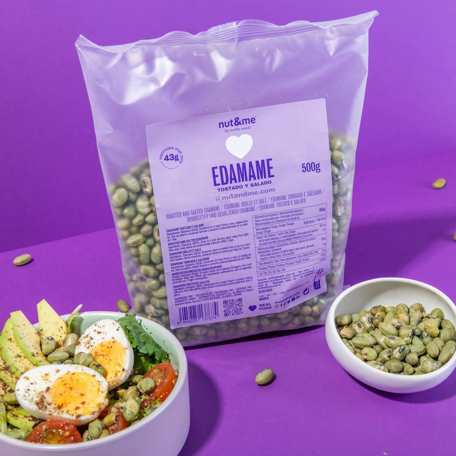 nut&me Edamame tostado ligeramente salado 500 gr sin gluten sin azúcares añadidos alto en proteínas snack crujiente