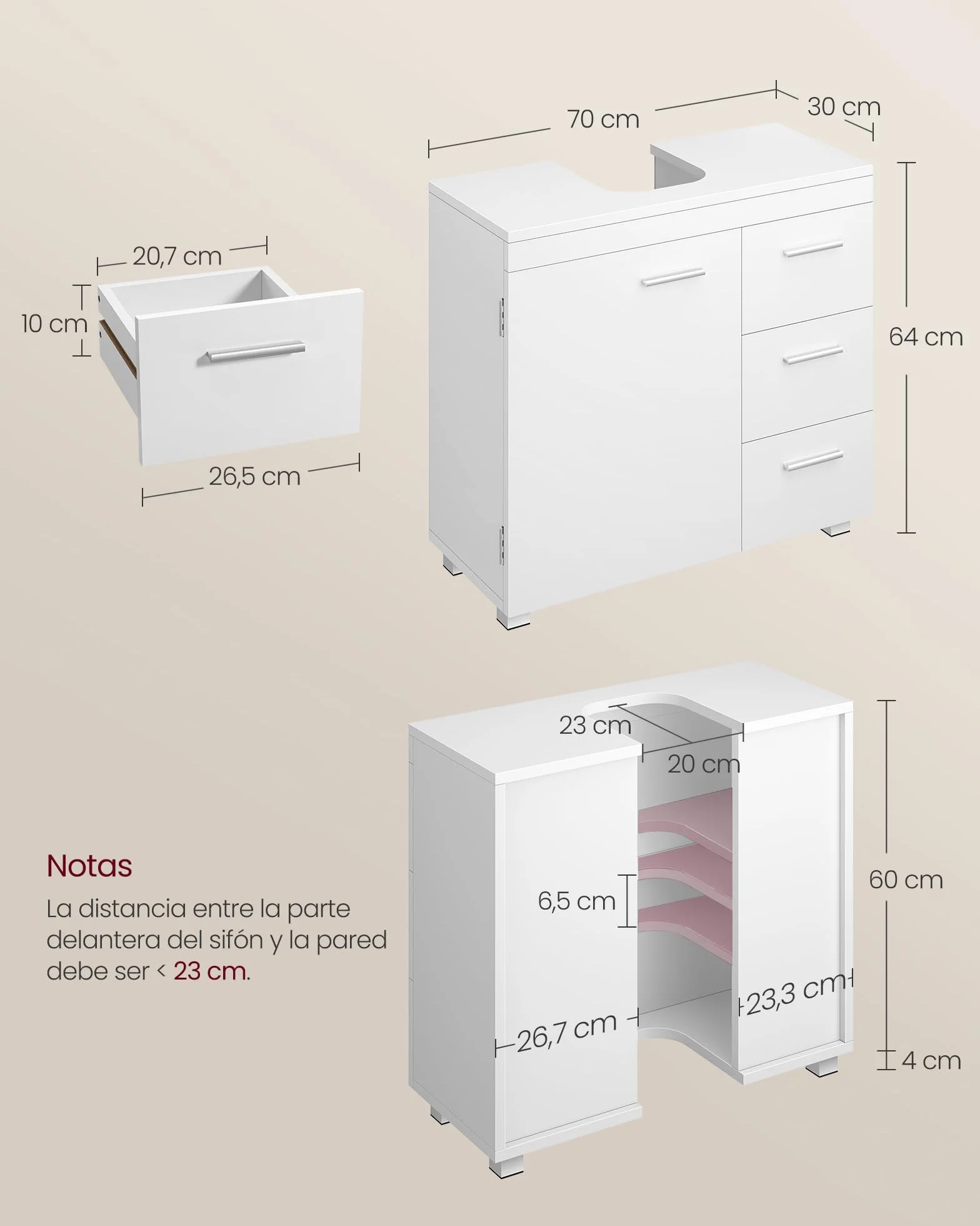 VASAGLE Mueble Bajo Lavabo Armario de Baño 3 Cajones 30x70x64 cm Blanco Nube