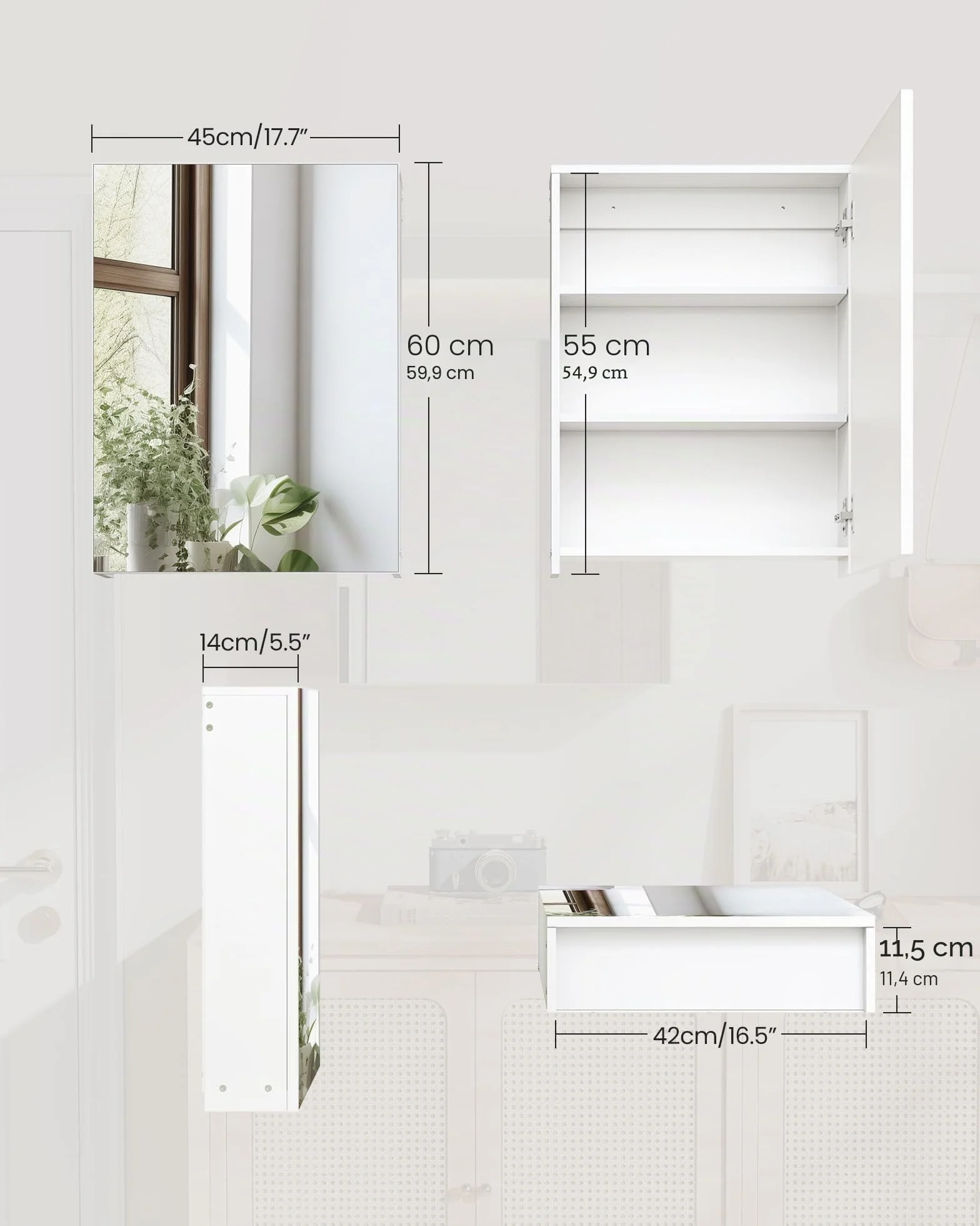 CHOEZON Armario con Espejo Baño 45x60 cm Gabinete Pared Blanco