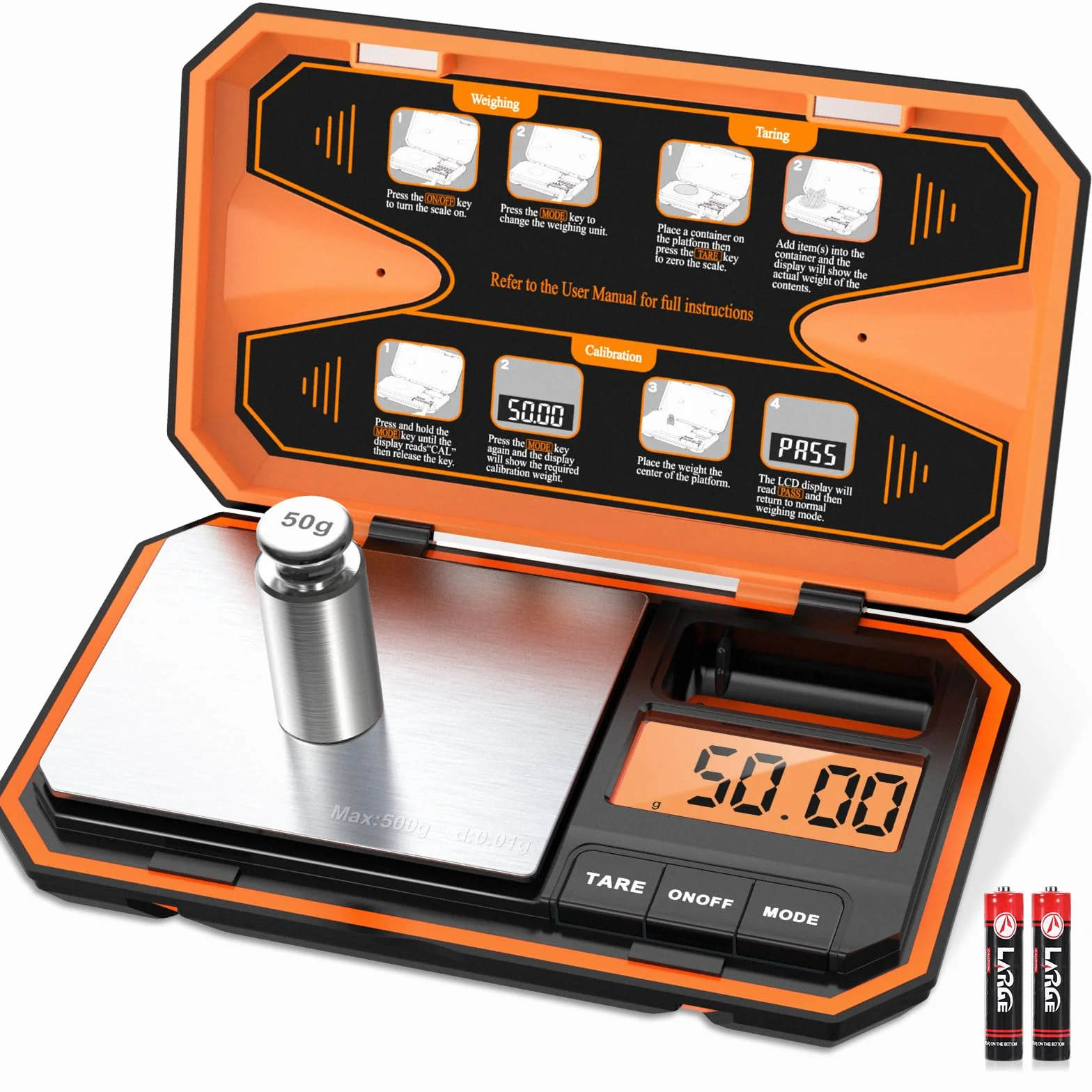 Báscula digital de bolsillo de 500 g, mini báscula digital de gramos con peso de calibración de 50 g