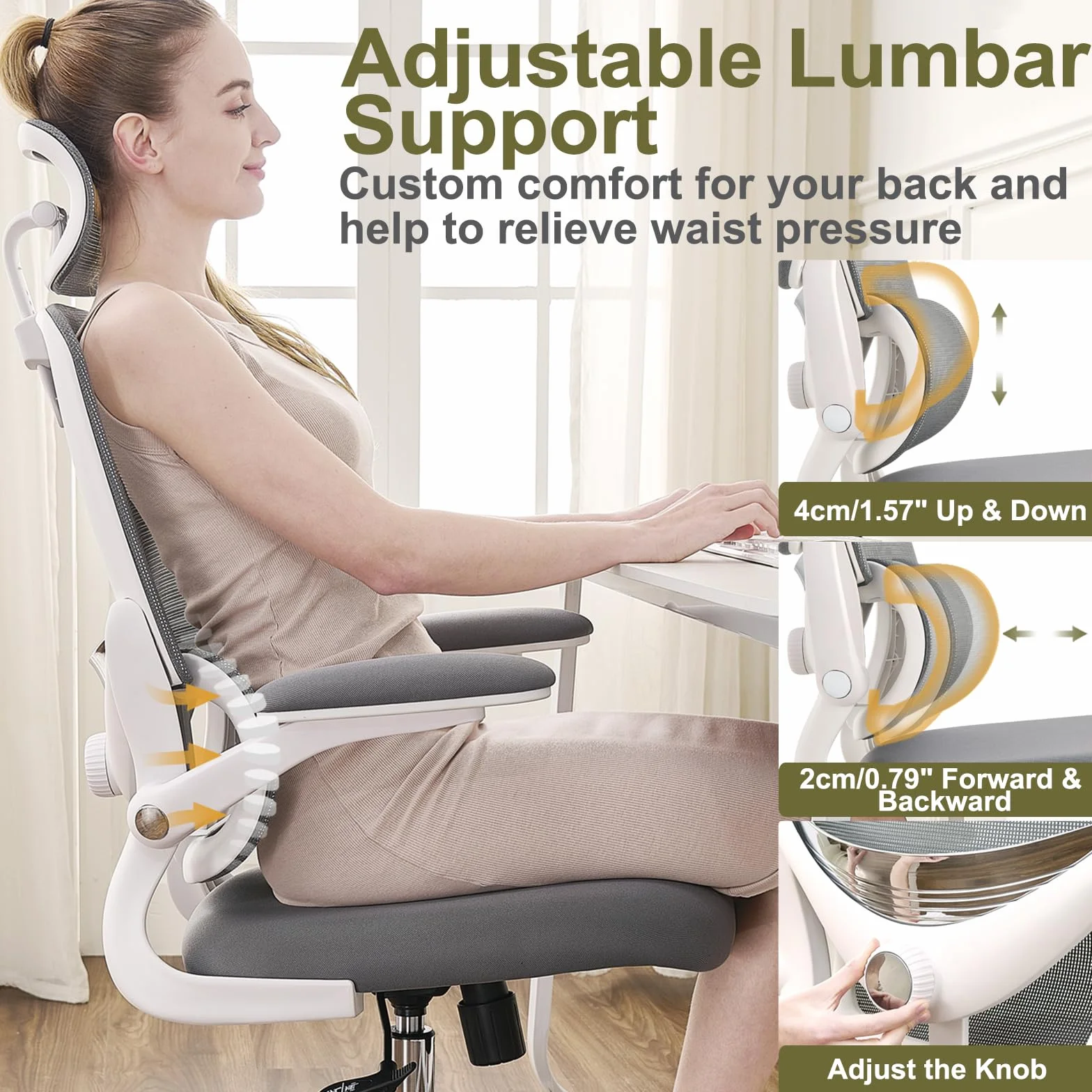 Silla Ergonómica para Oficina, Silla de Escritorio Respaldo Alto de Malla, Soporte Lumbar Ajustable, Reposabrazos Abatible, Reposacabezas Desmontable, Silla Giratoria para Juegos, 150 KG