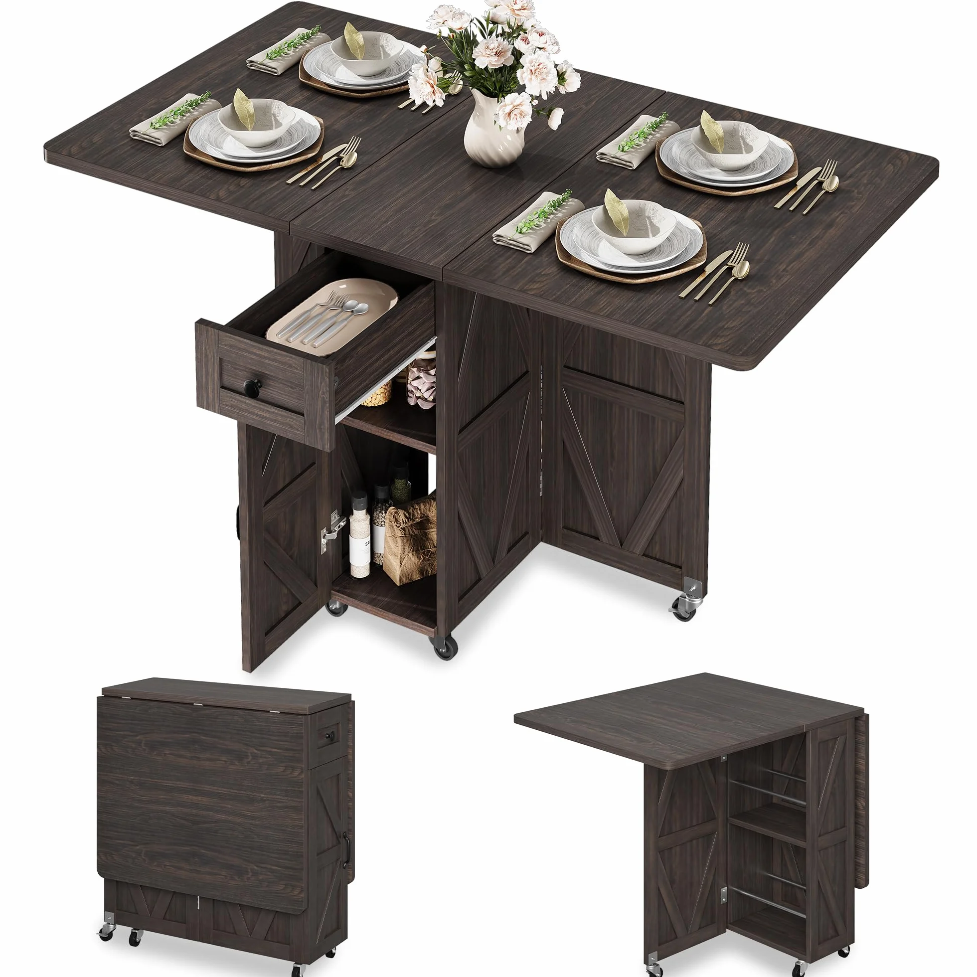 Jocoevol Mesa De Comedor Plegable con Ruedas, Mesa De Cocina con 1 Cajón Y 2 Áreas De Almacenamiento, Adecuada para 2-4 Personnas, para Espacios Pequeños, Comedor Y Cocina (Nogal Oscuro)