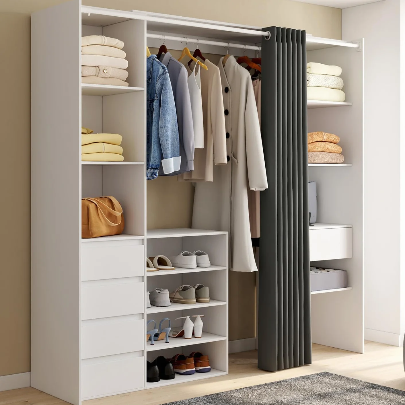 IDMarket - Vestidor extensible doble XXL MERYL 120/180 cm blanco con cajones + estantes + armario + cortina gris