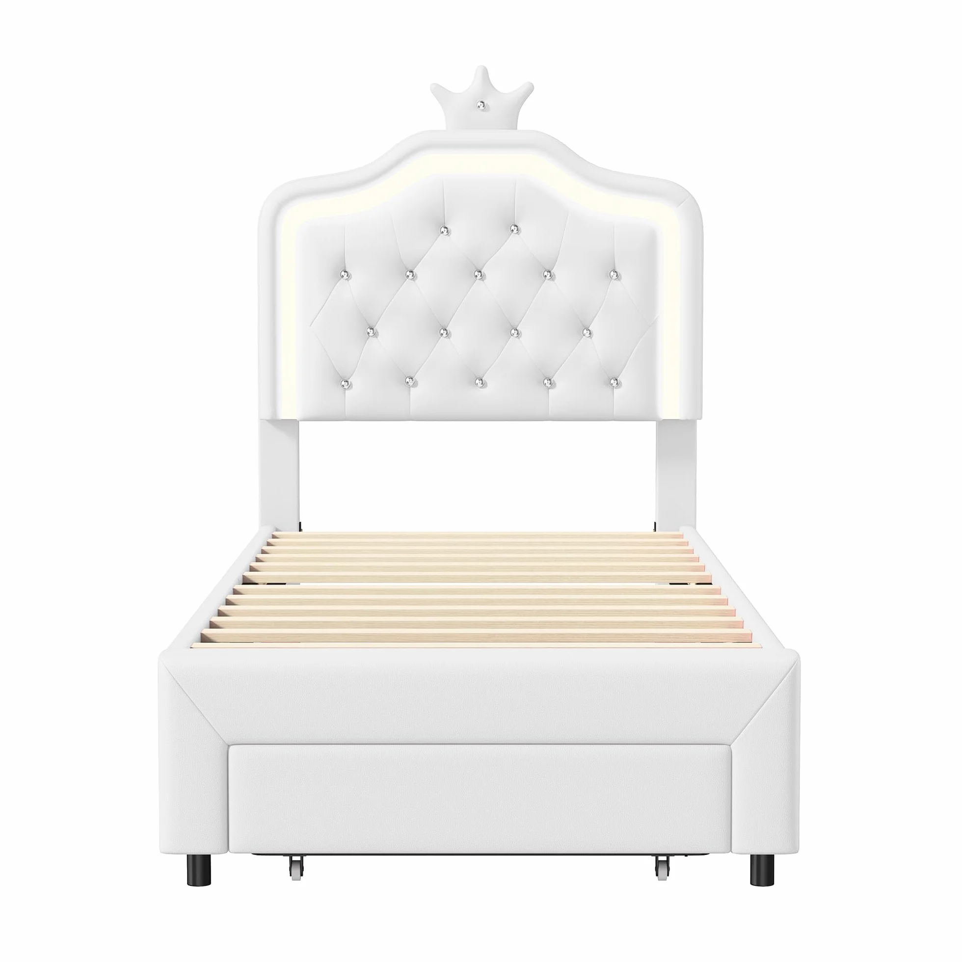 Cama Infantil 90x200 cm, Cama de Princesa con cabecero LED Corona, Camas Individuales Acolchadas con Somier de Láminas, Estructura de Cama para Niña con cajón, Camas de 1 Plaza para Niña