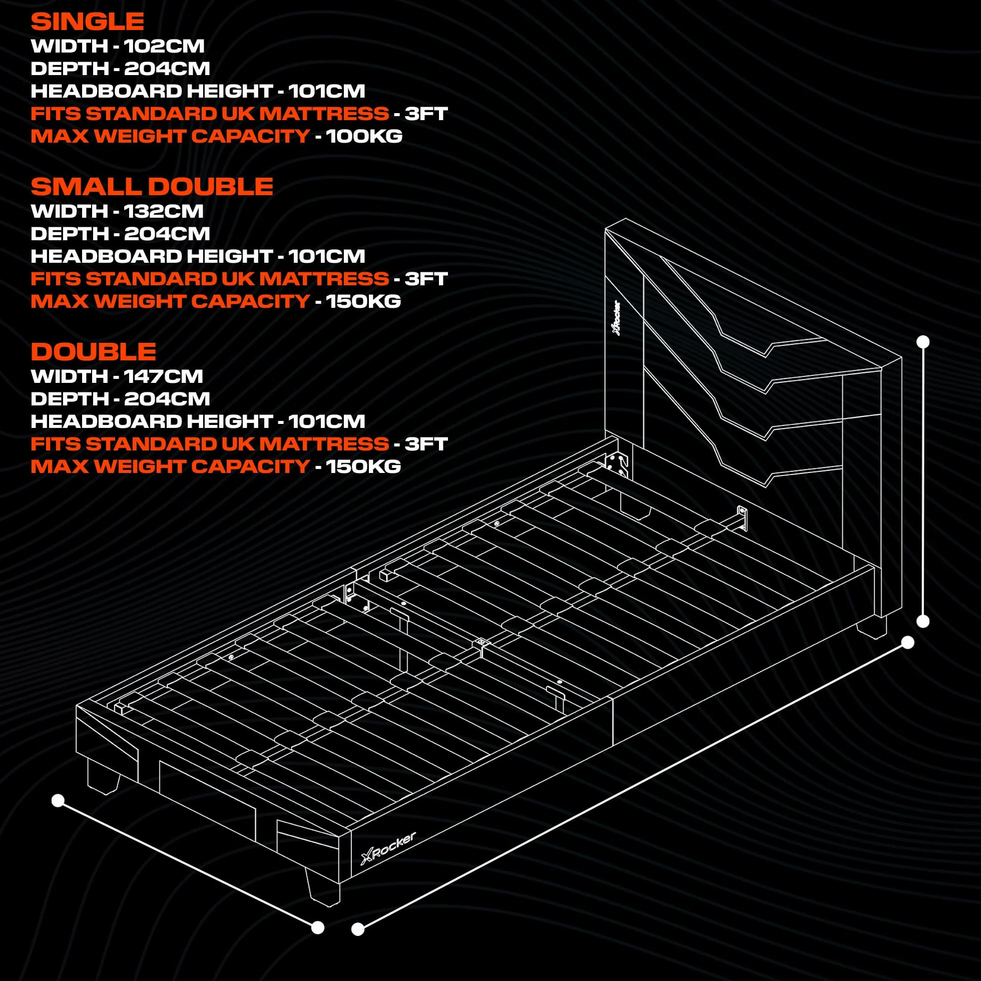 X-Rocker Cerberus MKII - Marco de cama individual tapizado para juegos, paquete plano para un fácil montaje, comodidad transpirable, listones de madera, piel sintética fácil de limpiar, para niños y