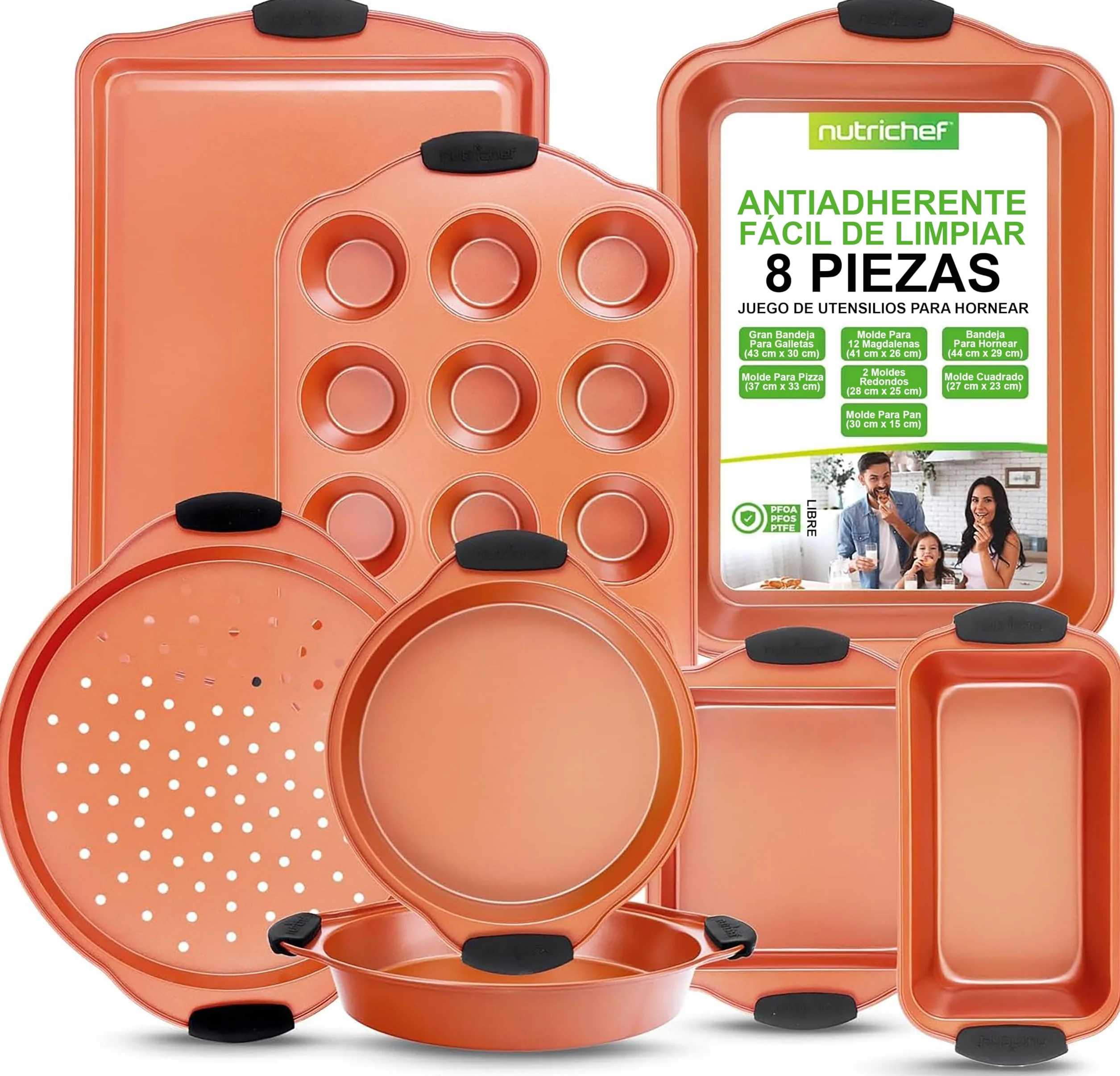 Nutrichef juego de 8 moldes, Utensilios horno, Baking set, Reposteria, Antiadherentes, Libres de PFOA, PFOS, PFTEE, Aptos para hornos hasta 230°C (450°F), Mangos de silicona