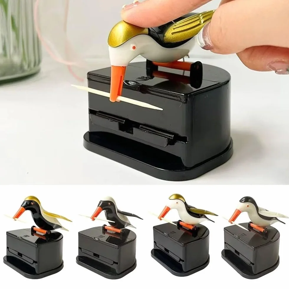 Caja de palillos de dientes emergente para pájaros carpinteros, dispensador automático de palillos de dientes para pájaros pequeños, tarro de hisopo de algodón portátil para el hogar (pájaro negro con