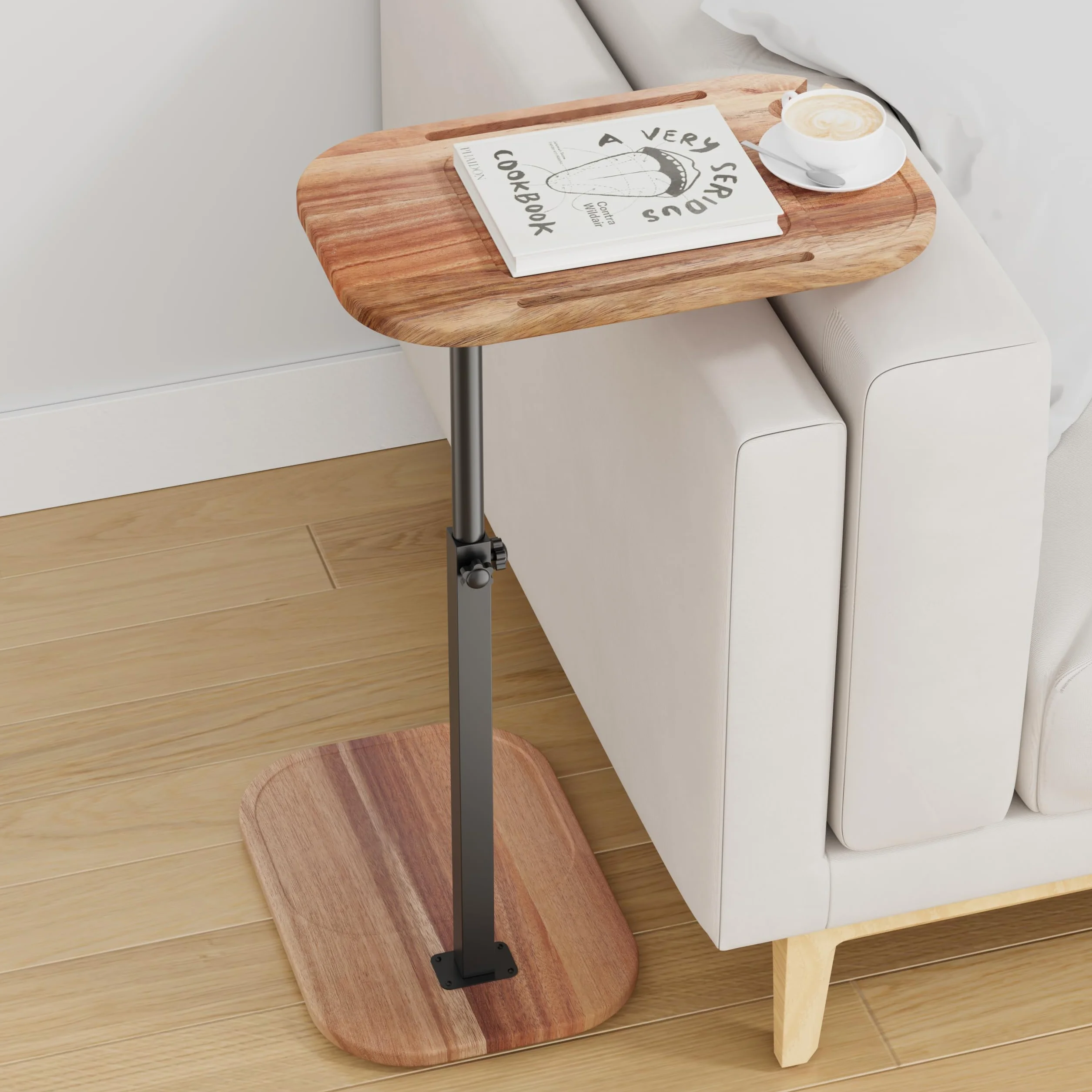 Mesa de bandeja de TV giratoria de altura ajustable para sofá, madera de acacia, mesa auxiliar en forma de C