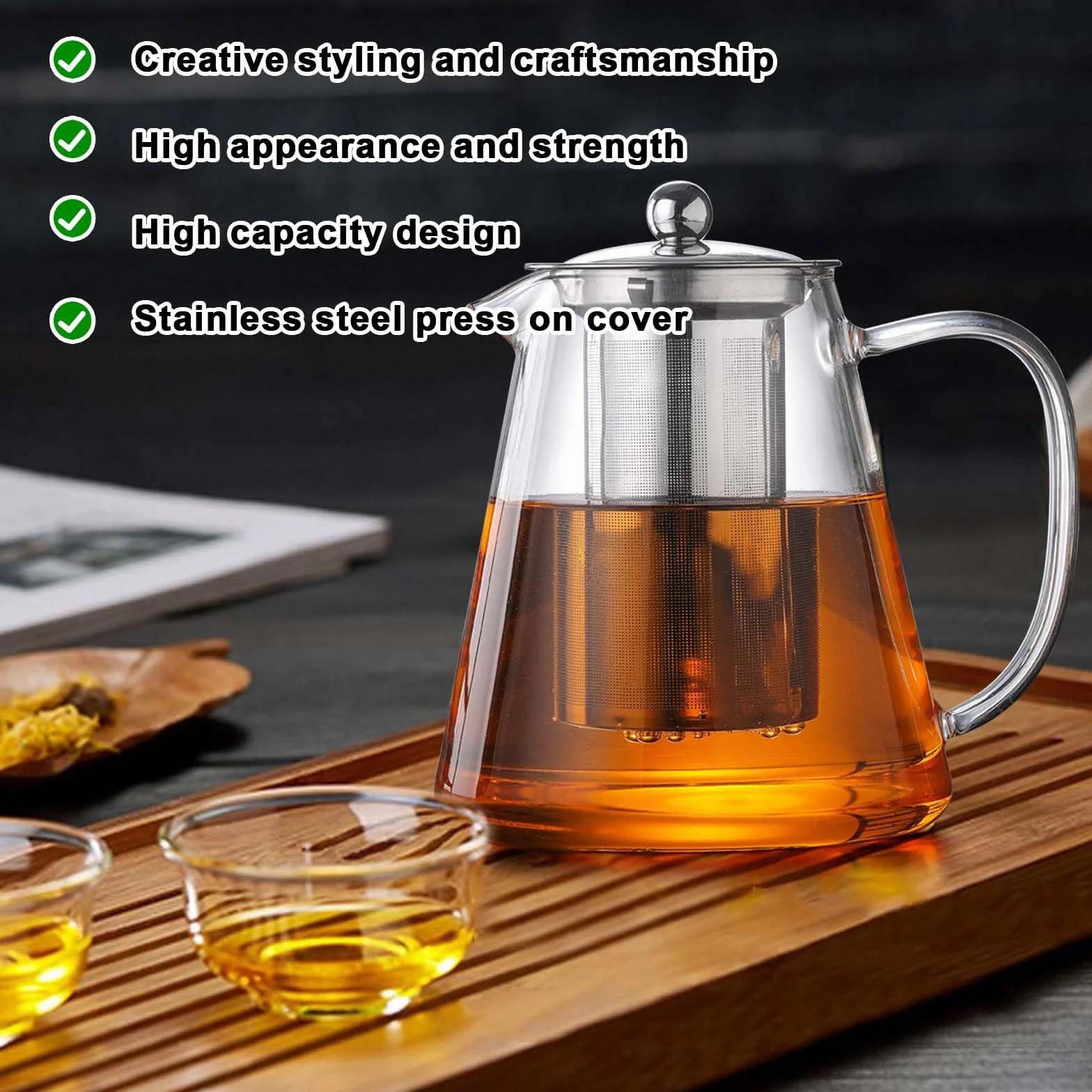 Tetera con colador y tapa, 1300 ml, tetera de vidrio borosilicato, tetera de cristal con filtro extraíble, tetera de cristal, resistente al calor, para té suelto, té de fruta, té perfumado
